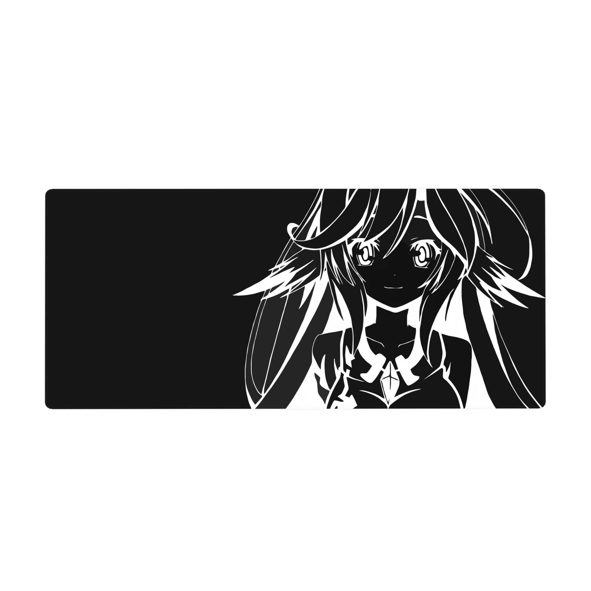 Minimal anime girl desk pad 36x16 inches with bold black-and-white line art and sci-fi outfit.