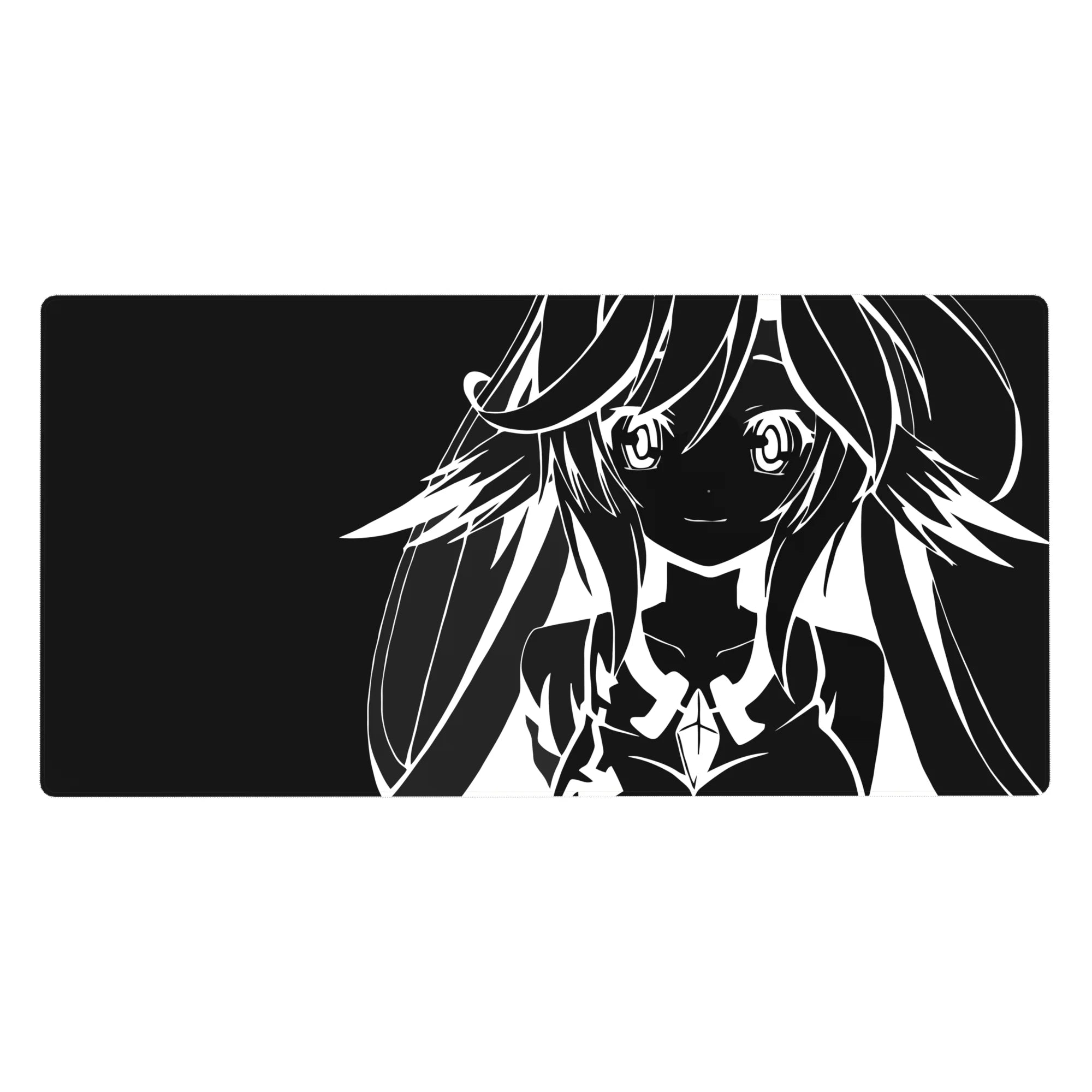 Anime girl desk pad 40x20 inches with bold line art, flowing hair, big eyes, and sleek sci-fi outfit.