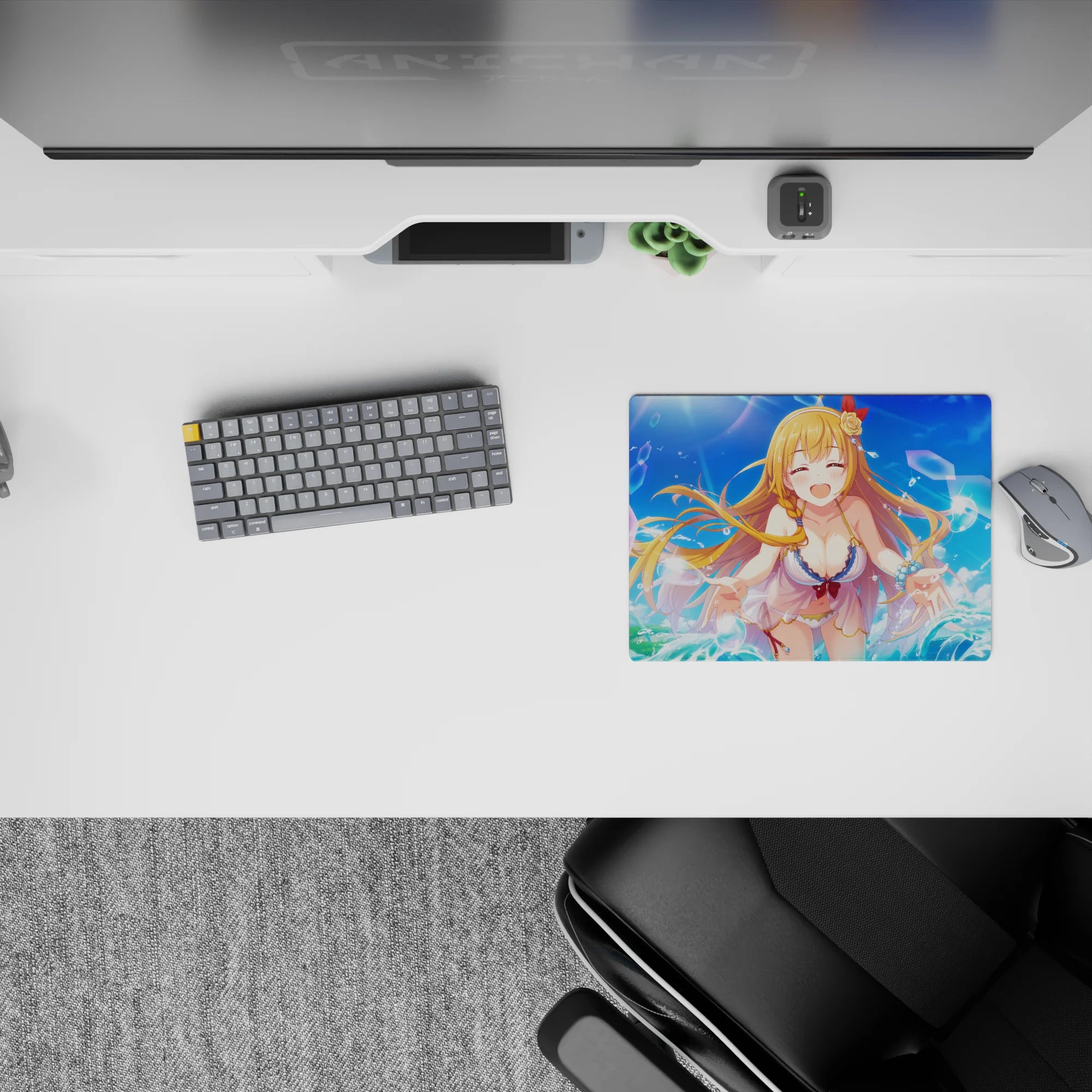 Summer crush anime girl mouse pad 14x10 inches in sky blues and teals with bright, playful highlights.