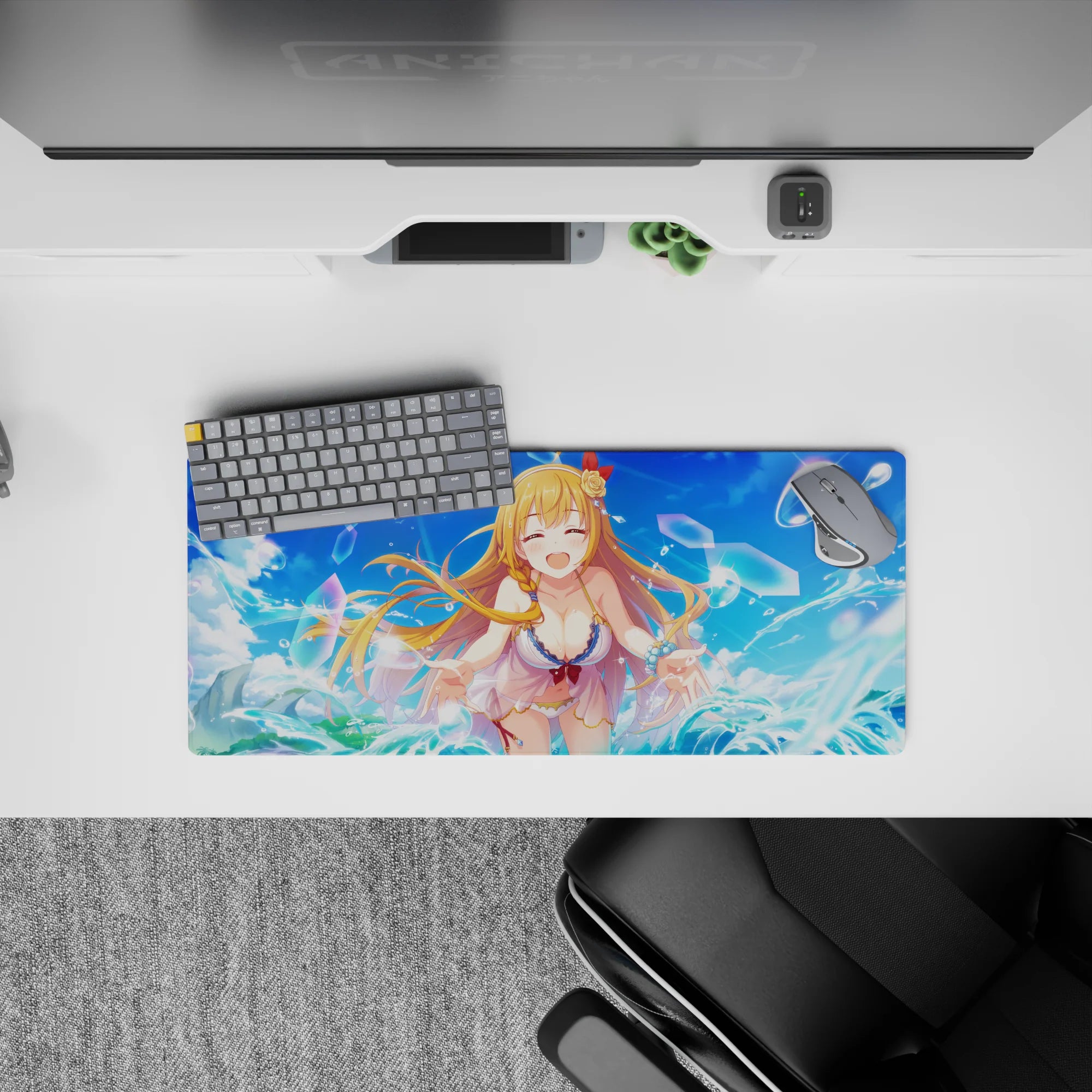 28x12 inches anime mouse pad in bright sky blues and teal, sunny summer-crush vibe with sparkling bubbles.