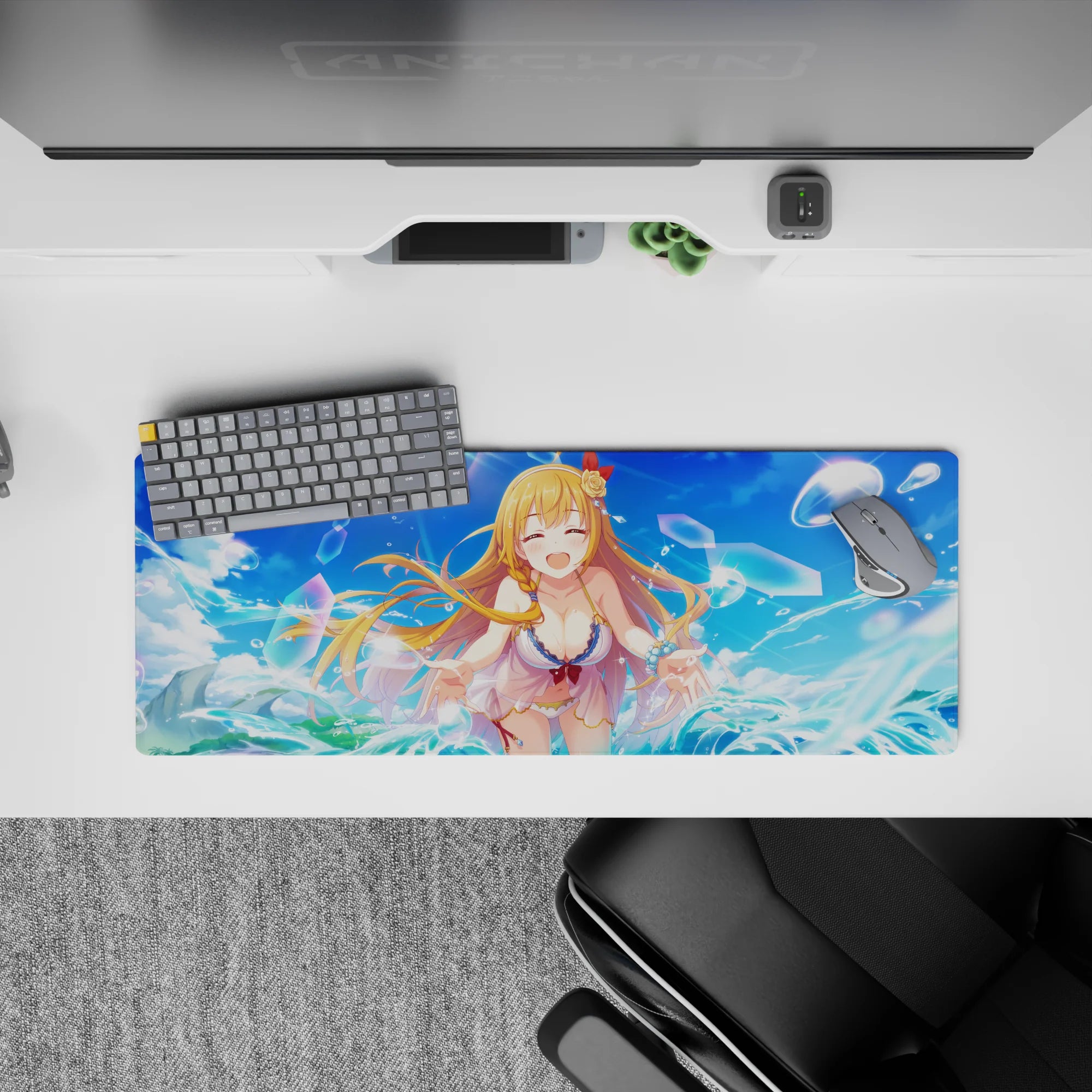 32x12 inches anime desk mouse pad in sky blue and teal, summery beach vibe with warm highlights and sparkles.