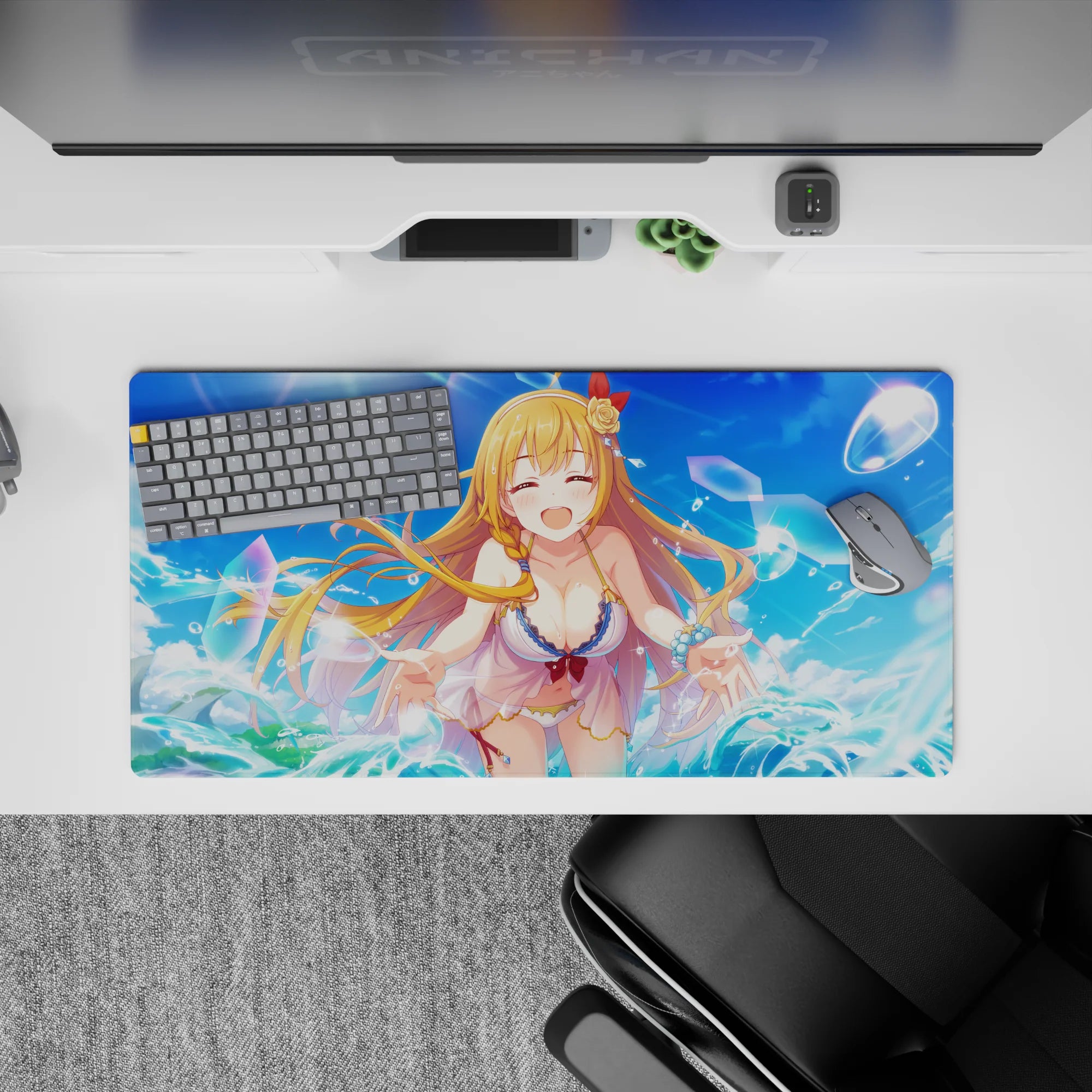 32x16 inches anime girl mouse pad in sky blues and teal, bright summer vibe with sparkling bubbles.
