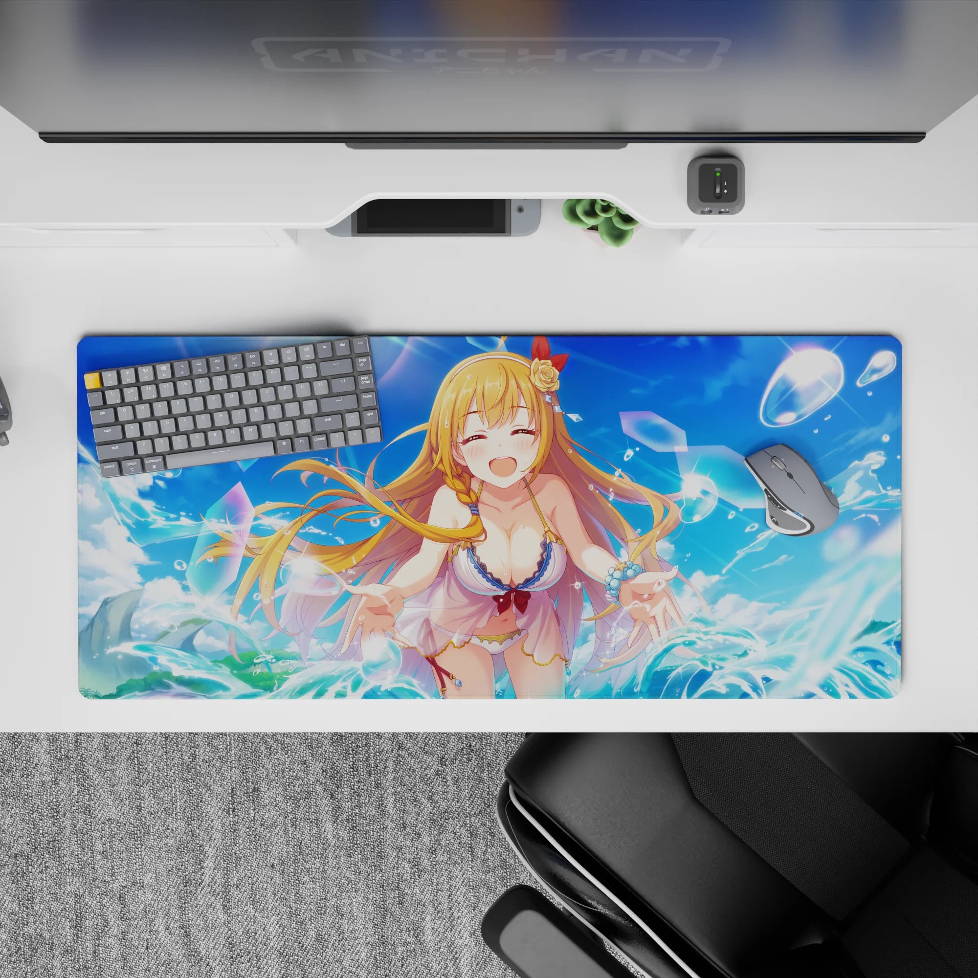 Summer crush anime desk pad 36x16 inches in sky blue, teal, and sparkling bubbles, bright and playful.