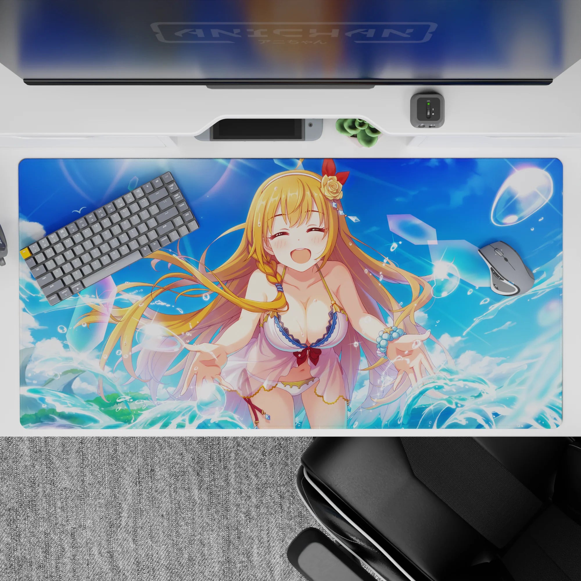 40x20 inches anime desk pad in bright sky blue and teal, sparkly bubbles, fun summer crush vibe.