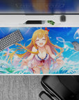 40x20 inches anime desk pad in bright sky blue and teal, sparkly bubbles, fun summer crush vibe.