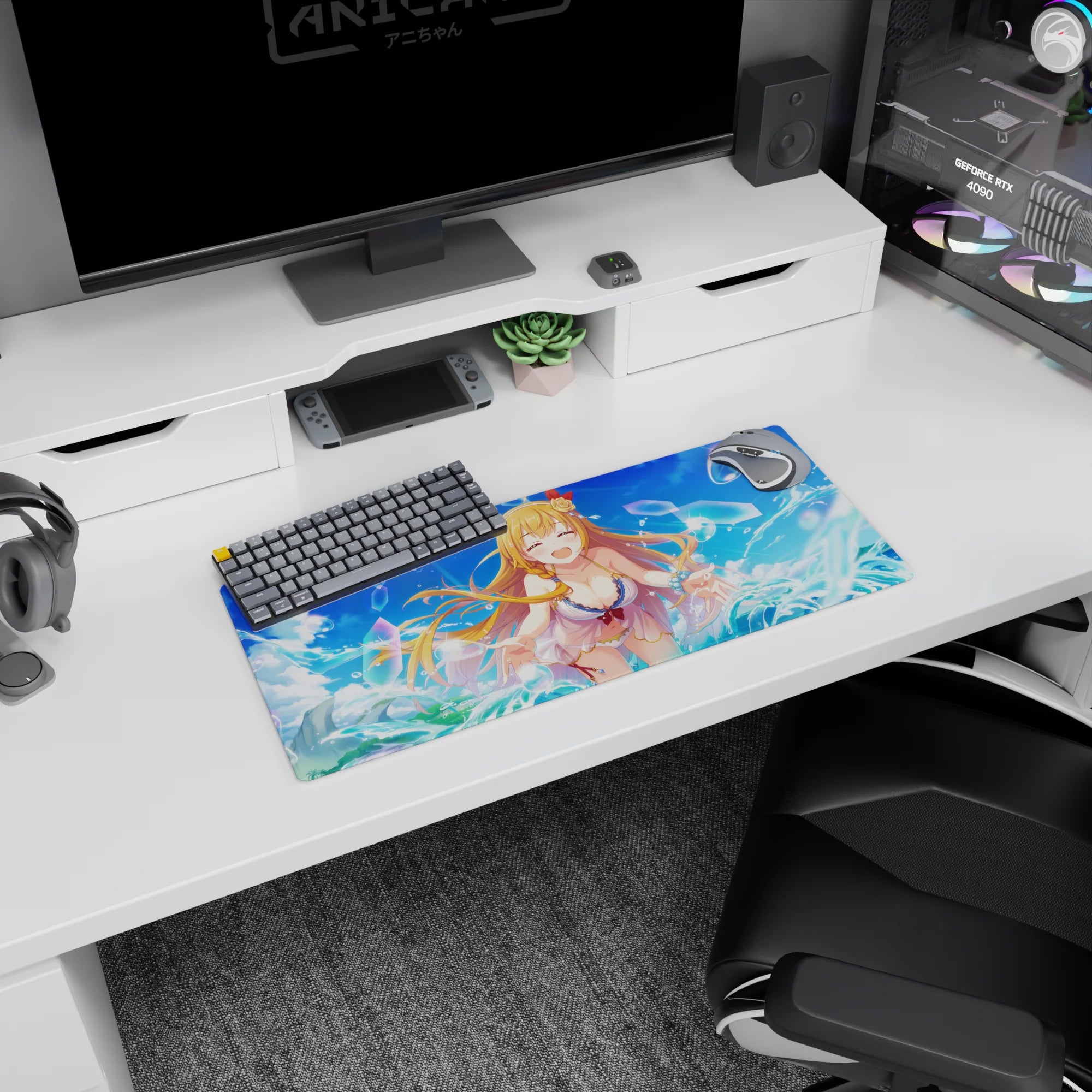 28x12 inches mouse pad featuring a laughing blonde anime girl in a white cover-up with flower ribbon by waves.