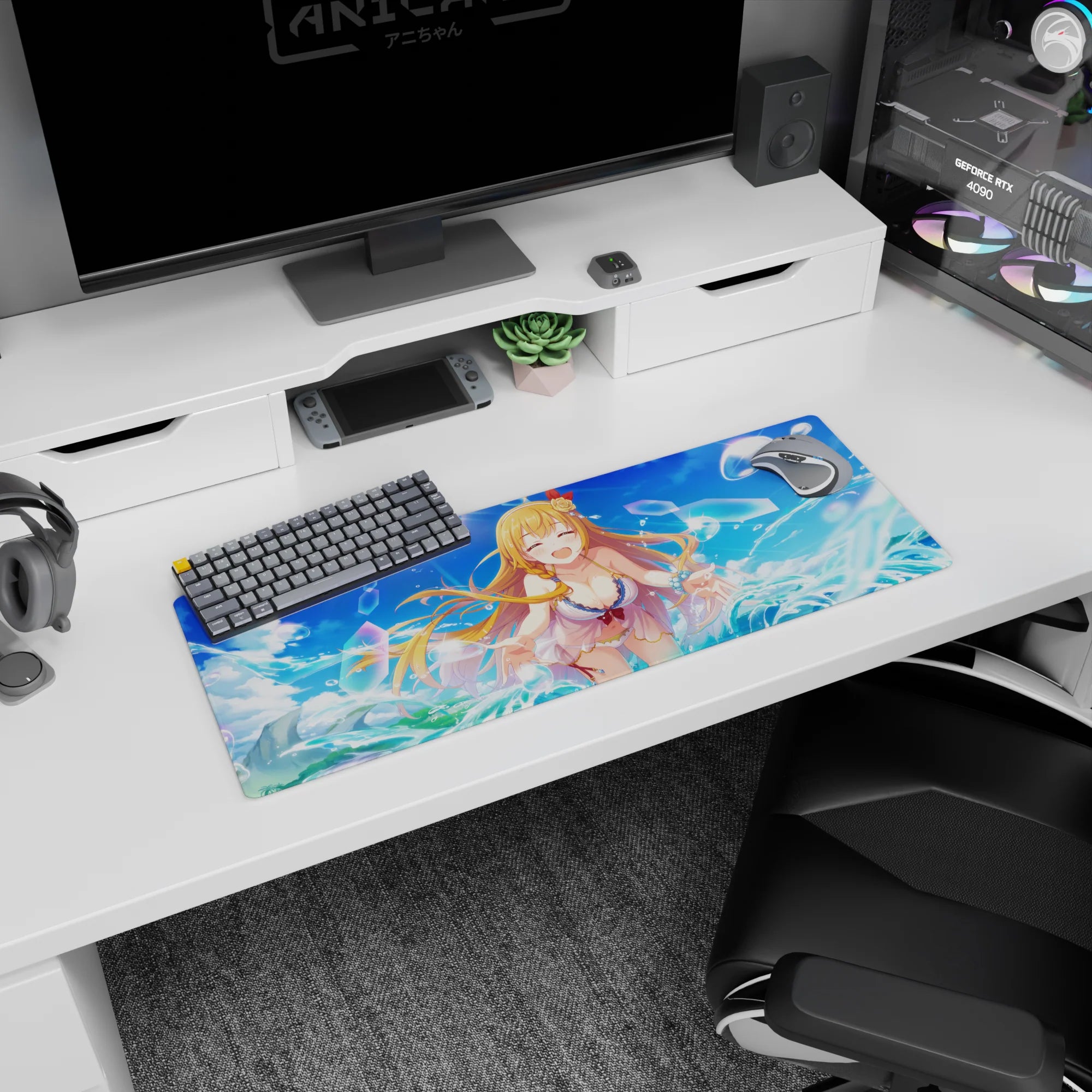 32x12 inches anime girl mouse pad showing a blonde girl with flower ribbon clip in white cover-up, seaside scene.