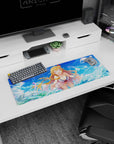 32x12 inches anime girl mouse pad showing a blonde girl with flower ribbon clip in white cover-up, seaside scene.