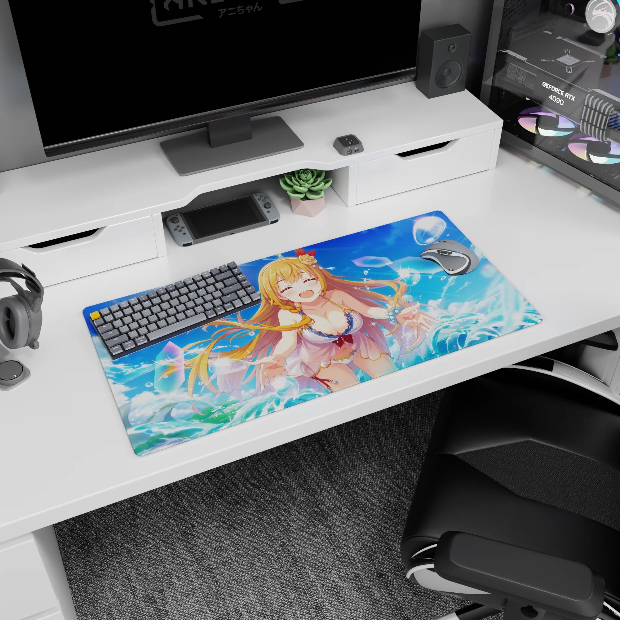 32x16 inches anime girl mouse pad showing a laughing blonde girl in a white cover-up by splashy waves.