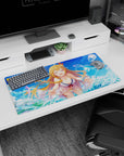 32x16 inches anime girl mouse pad showing a laughing blonde girl in a white cover-up by splashy waves.