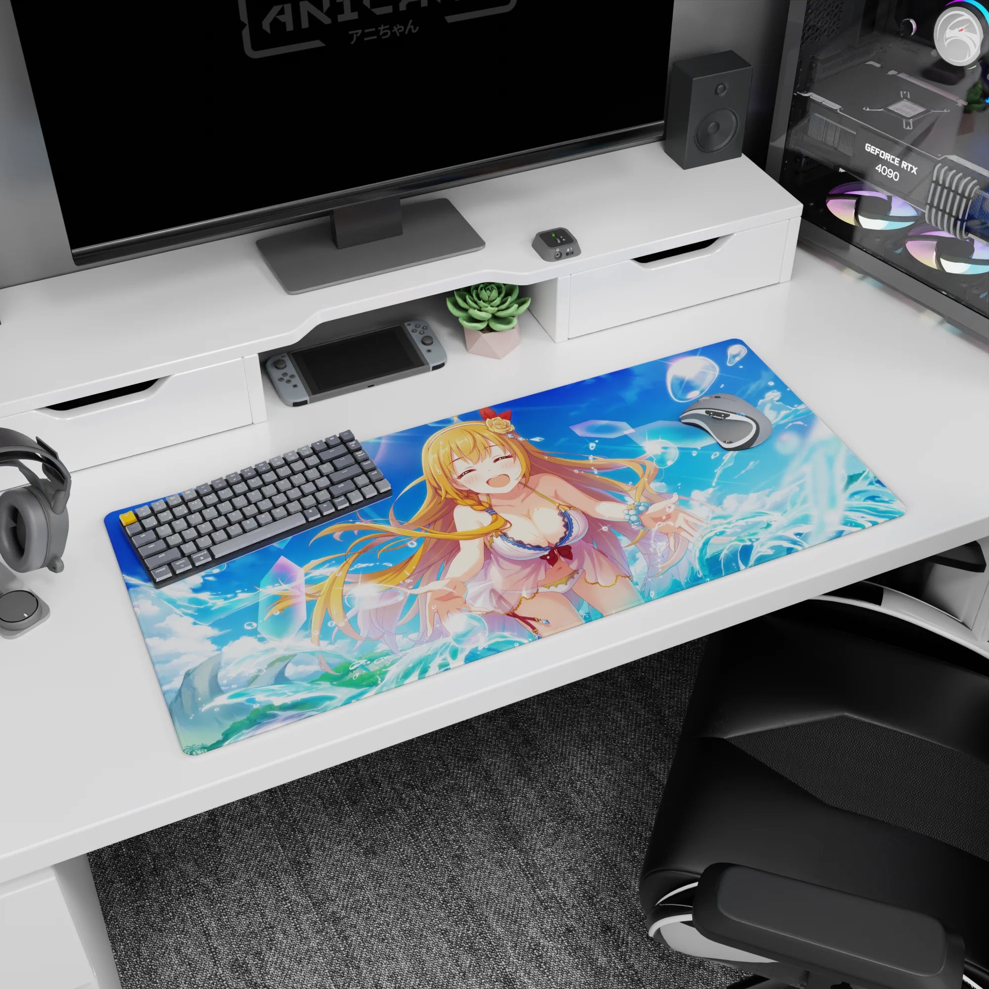 Laughing blonde anime girl with flower ribbon hair clip on ocean backdrop desk pad 36x16 inches.