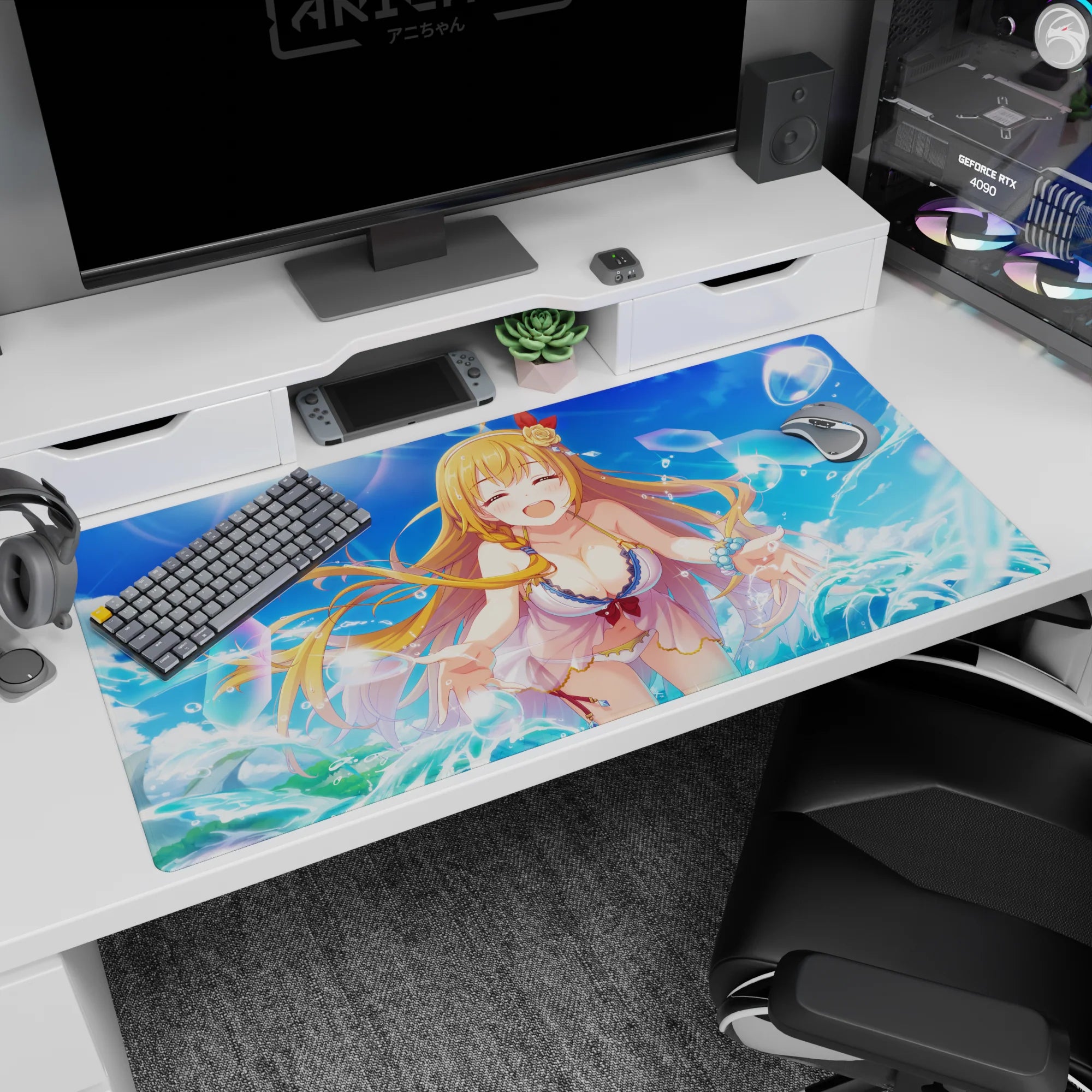 40x20 inches anime girl desk pad showing a laughing blonde with flower ribbon clip by splashy waves.