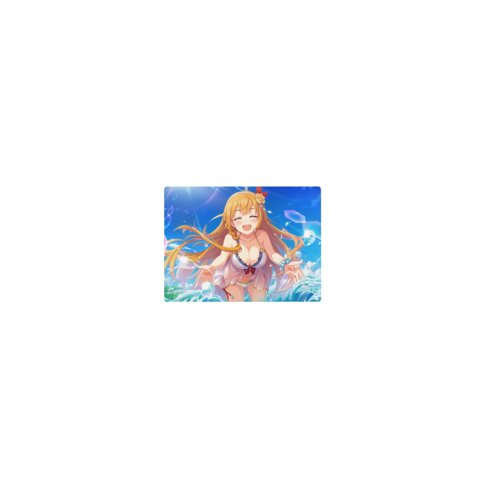 Classic anime girl mouse pad 14x10 inches with beach-day art, bubbles, teal waves, and cute trim.