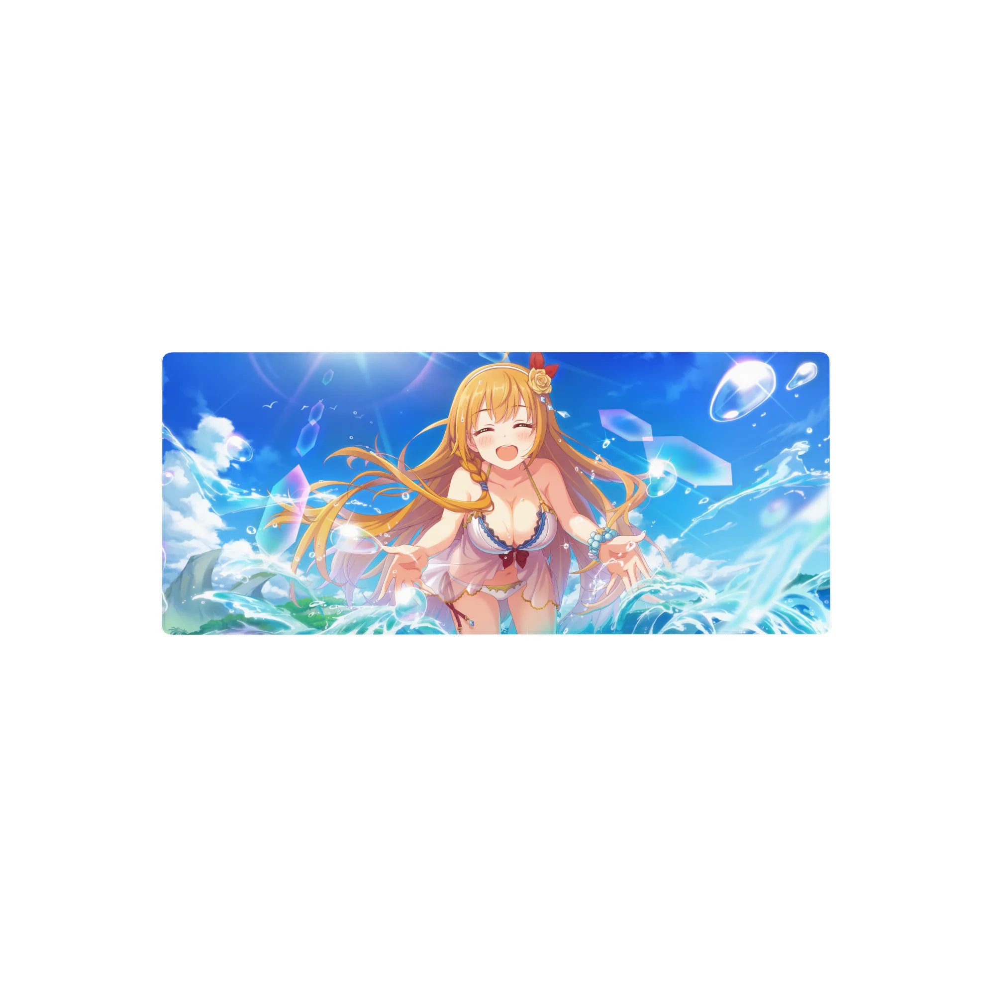 28x12 inches anime girl mouse pad with blonde beach-day character, bubbles, teal waves, and ribbon clip.