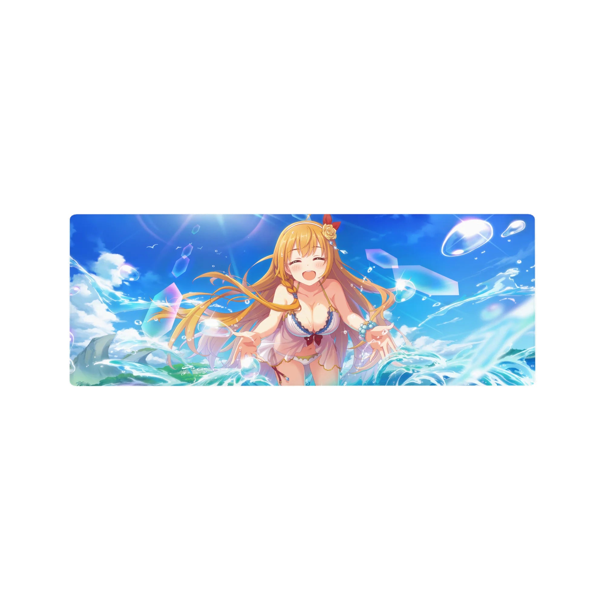 32x12 inches anime girl mouse pad with laughing blonde by teal waves, bubbles, and bright sky background.