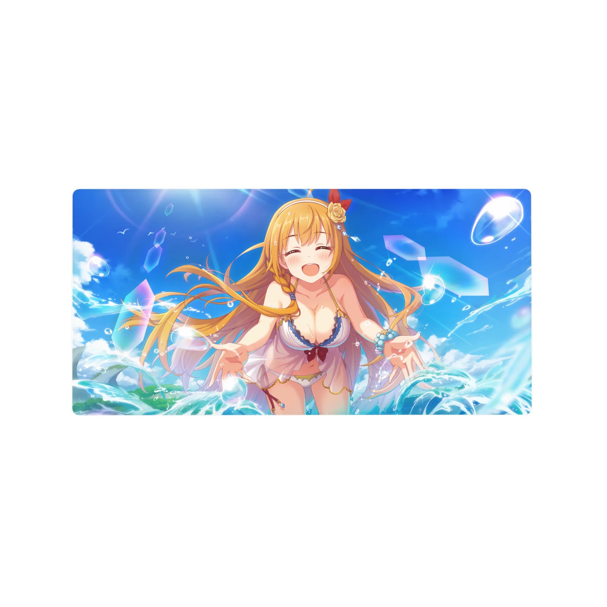 32x16 inches anime girl mouse pad with beach-themed art, bubbles, teal waves, and blonde girl clip.