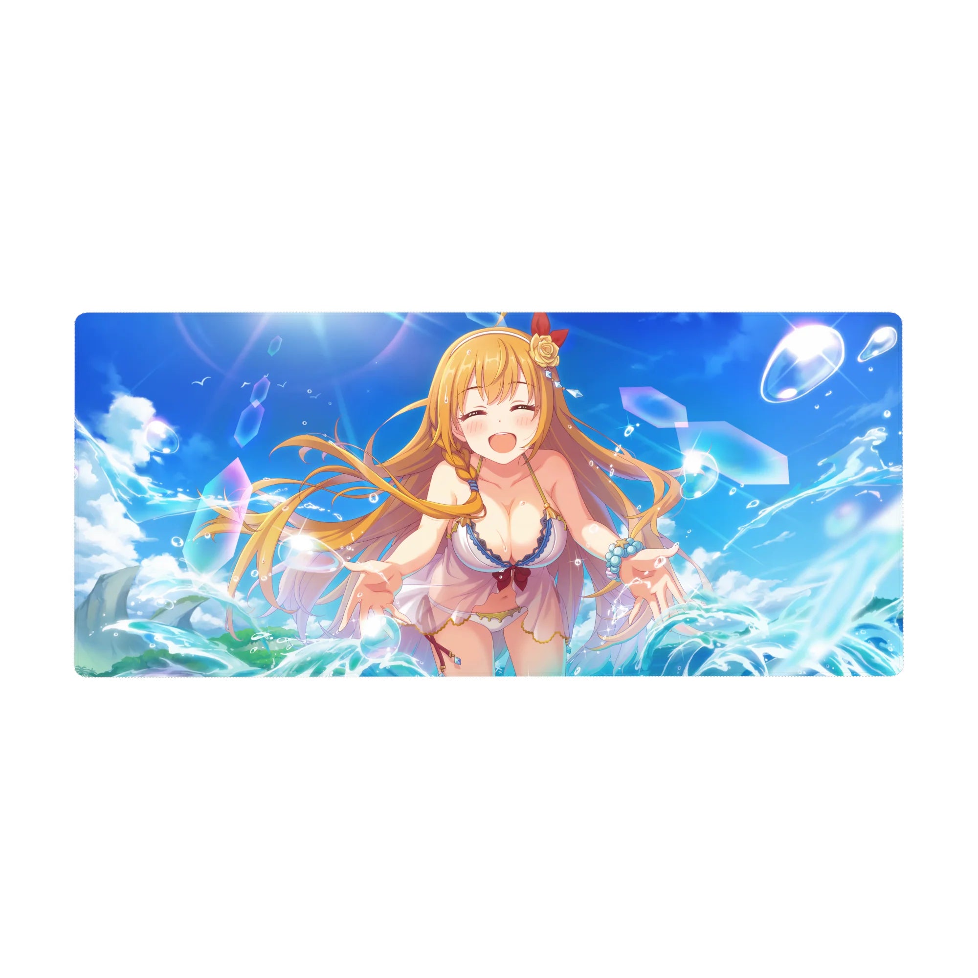 Anime girl desk pad 36x16 inches with beach waves, bubbles, and laughing blonde in white cover-up.