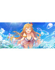 Anime girl desk pad 36x16 inches with beach waves, bubbles, and laughing blonde in white cover-up.