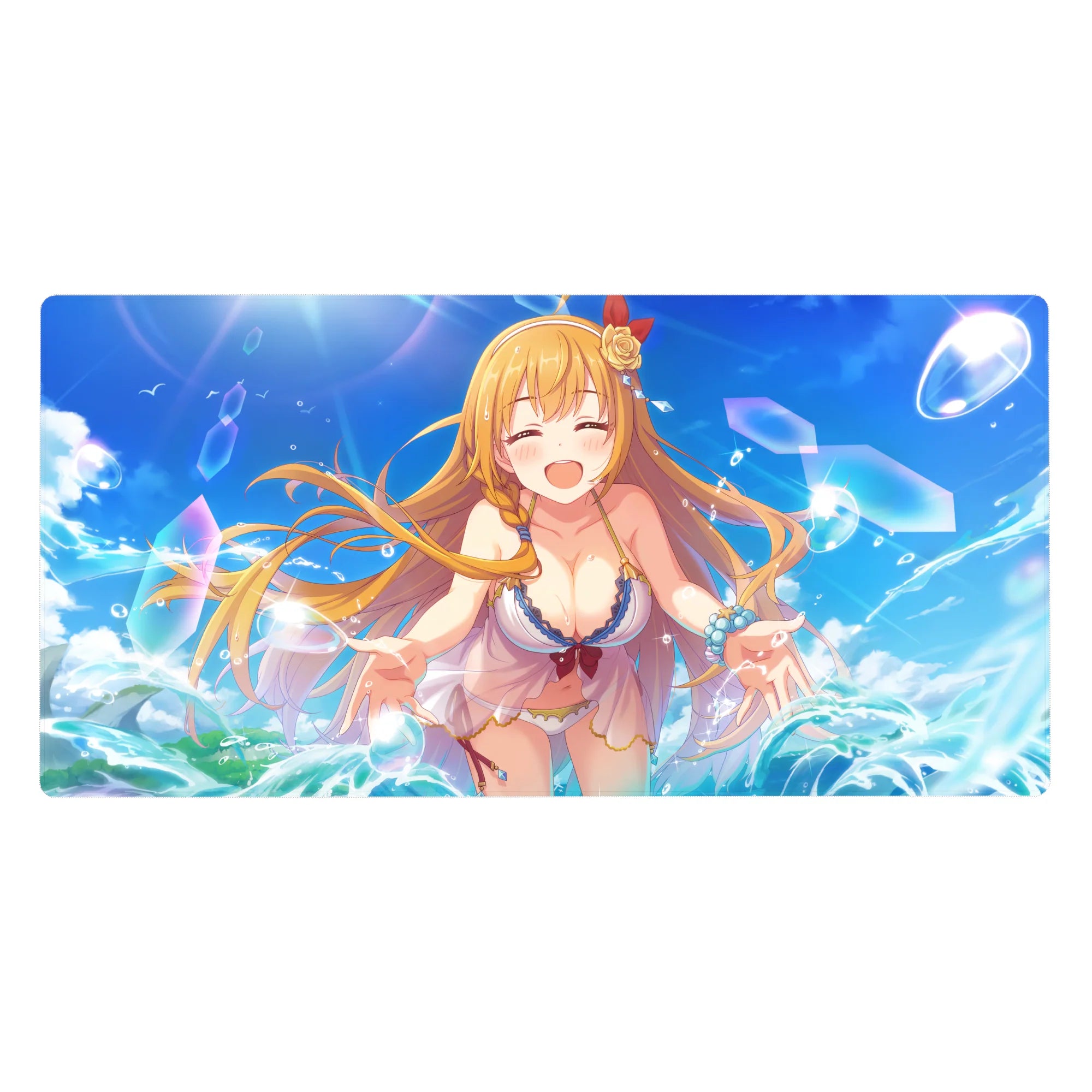 40x20 inches anime girl desk pad with beach theme, bubbles, teal waves, and blonde girl artwork.