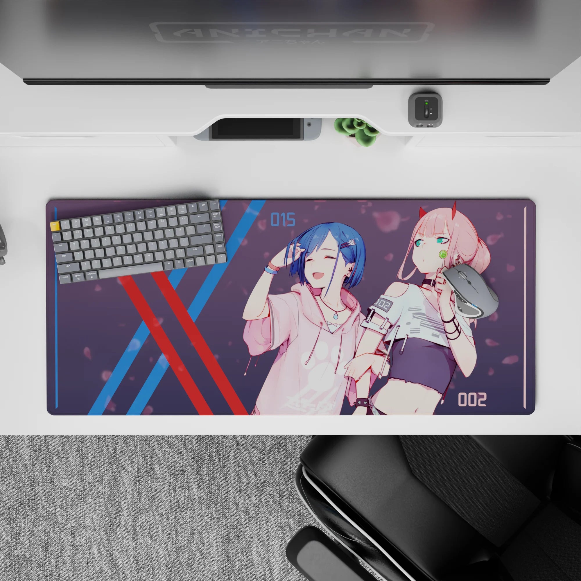 36x16 inches mouse pad with Zero Two and Ichigo design, blending streetwear, soft pastels, and cyberpunk details for a contemporary, stylish look.