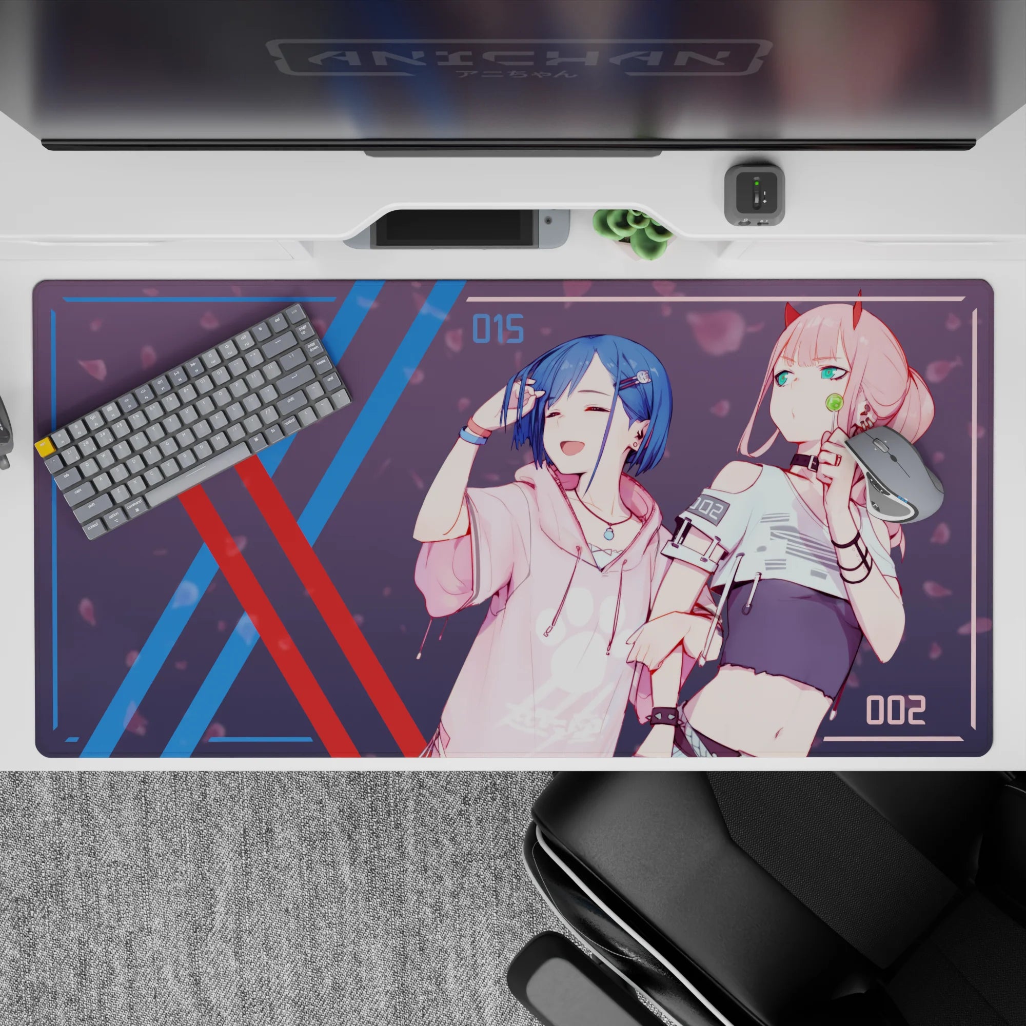 40x20 inches mouse pad with Zero Two and Ichigo design, blending streetwear, soft pastels, and sakura petals for a unique, cyberpunk-inspired anime look.