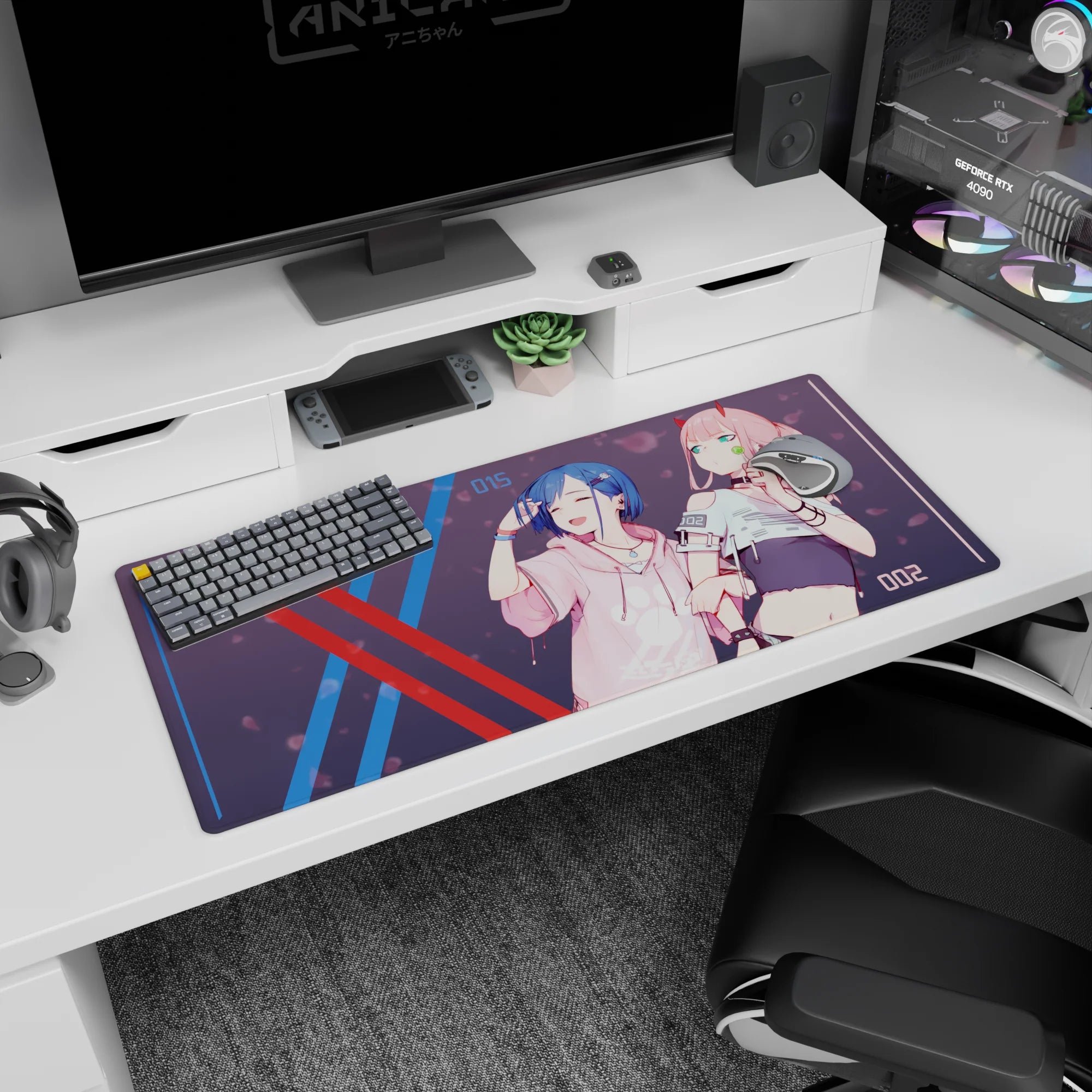 Artistic 36x16 inches mouse pad featuring Zero Two and Ichigo in modern streetwear, with sakura petals and cyberpunk details for a trendy anime-inspired effect.