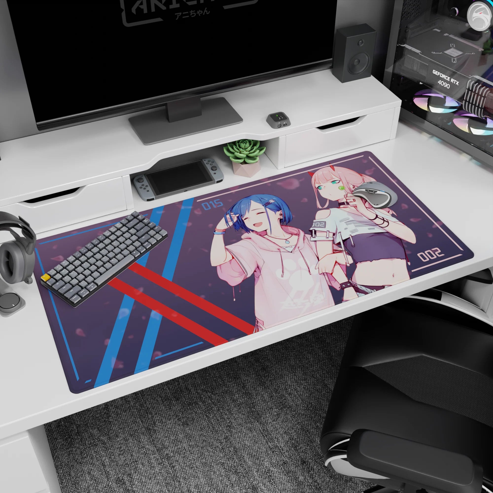 Large 40x20 inches mouse pad featuring Zero Two and Ichigo in modern streetwear, with soft pastels and cyberpunk details for a chic, stylish anime aesthetic.