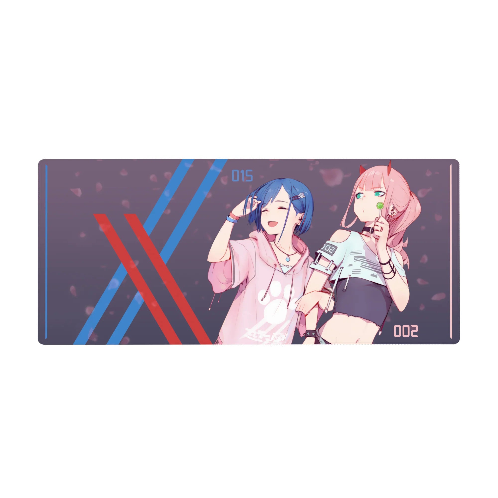 Mouse pad featuring Zero Two and Ichigo design, 36x16 inches, with modern streetwear, soft pastels, and sakura petals for a fashionable anime vibe.