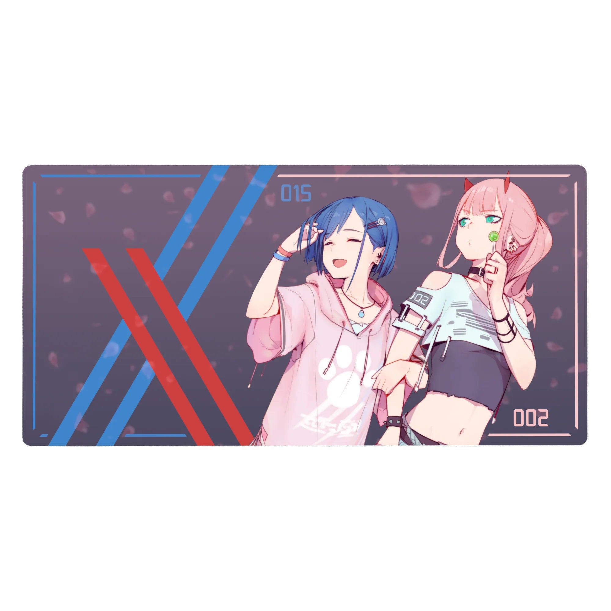 Mouse pad featuring Zero Two and Ichigo design, 40x20 inches, with modern streetwear, soft pastels, cyberpunk details, and sakura petals for a stylish anime vibe.