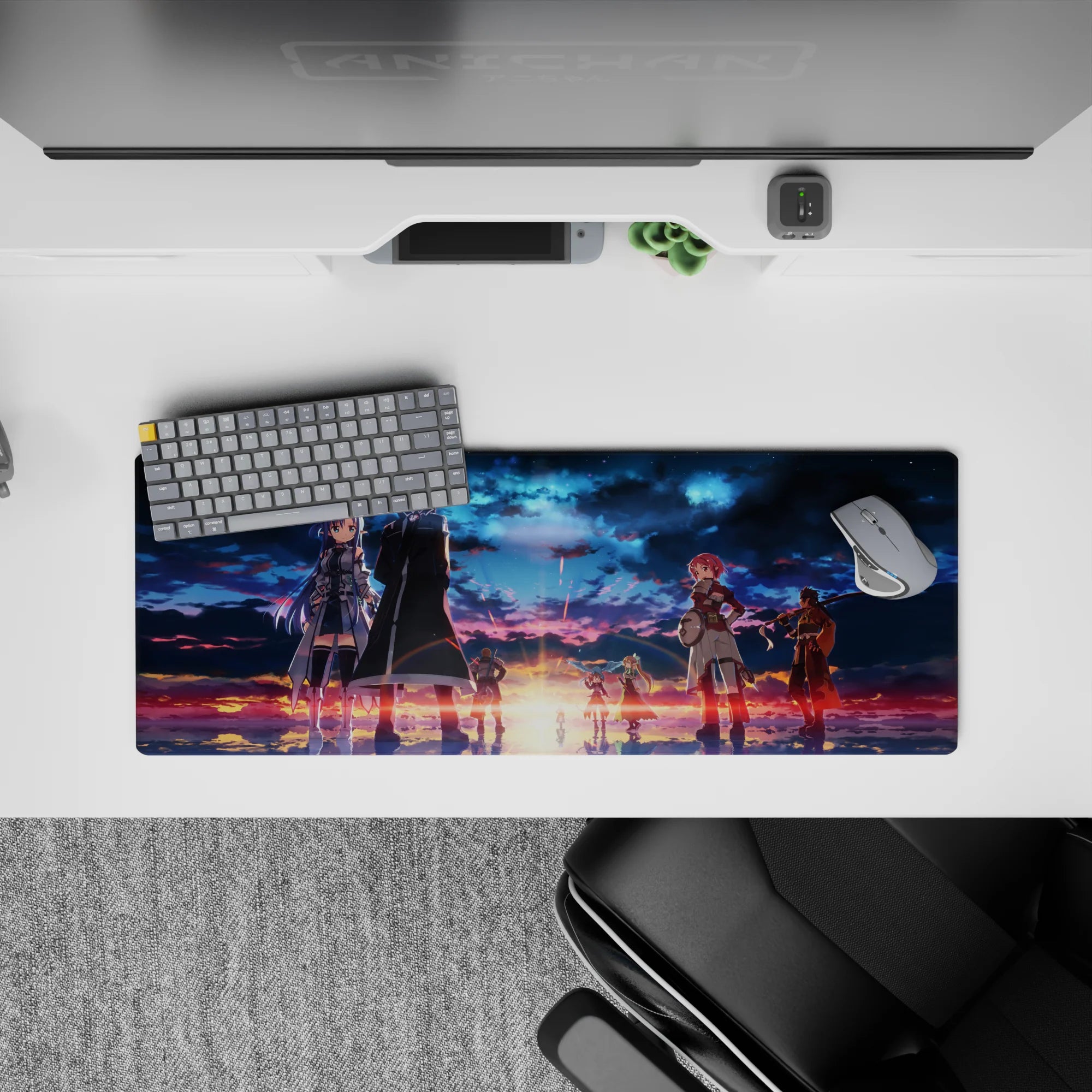 Anime mouse pad 32x12 inches featuring Sword Art Online legends under a fiery twilight sky, with deep blues and sunset golds.