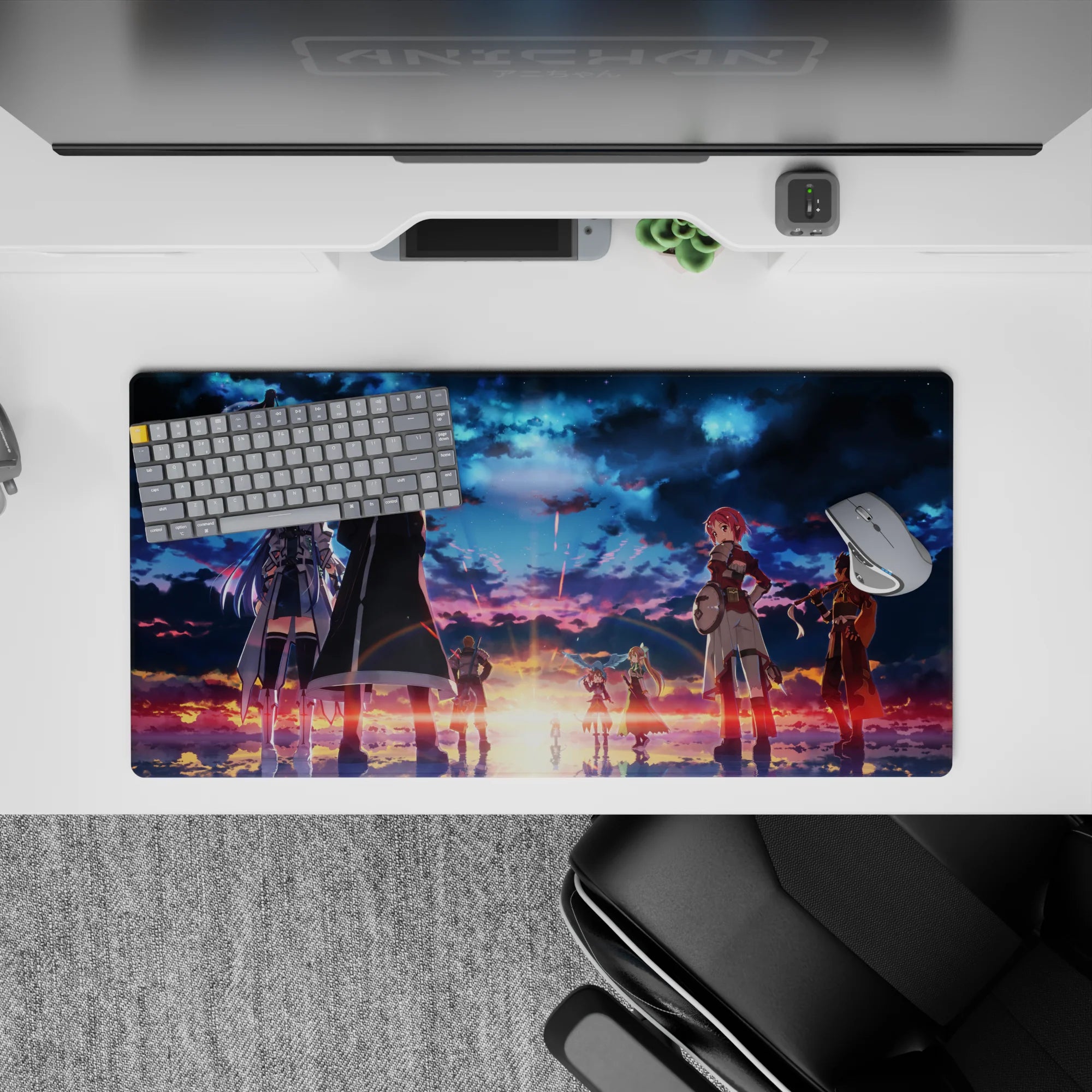 Sword Art Online mouse pad 32x16 inches featuring a fiery twilight sky and characters, with deep blues and sunset golds.