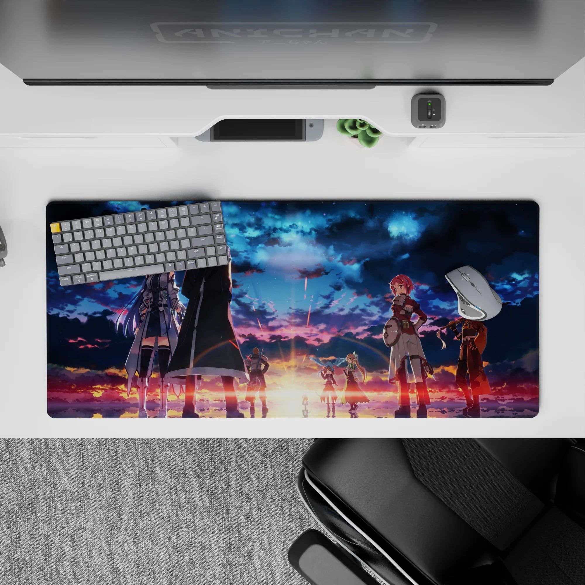 Sword Art Online desk pad, 36x16 inches, with a fiery twilight sky featuring the legendary crew, capturing serene emotion.