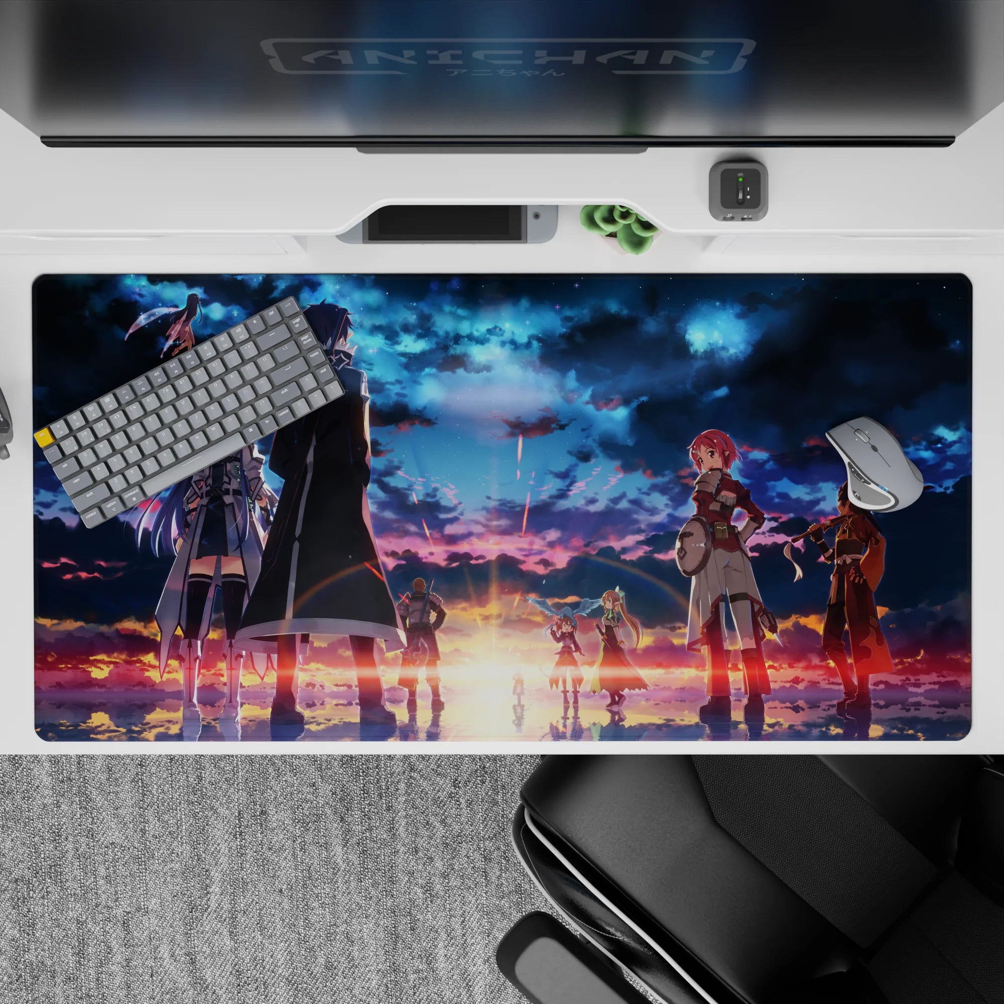 Sword Art Online desk pad 40x20 inches with fiery twilight sky and legendary crew, deep blues, and sunset golds.