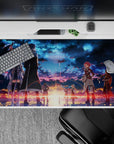 Sword Art Online desk pad 40x20 inches with fiery twilight sky and legendary crew, deep blues, and sunset golds.