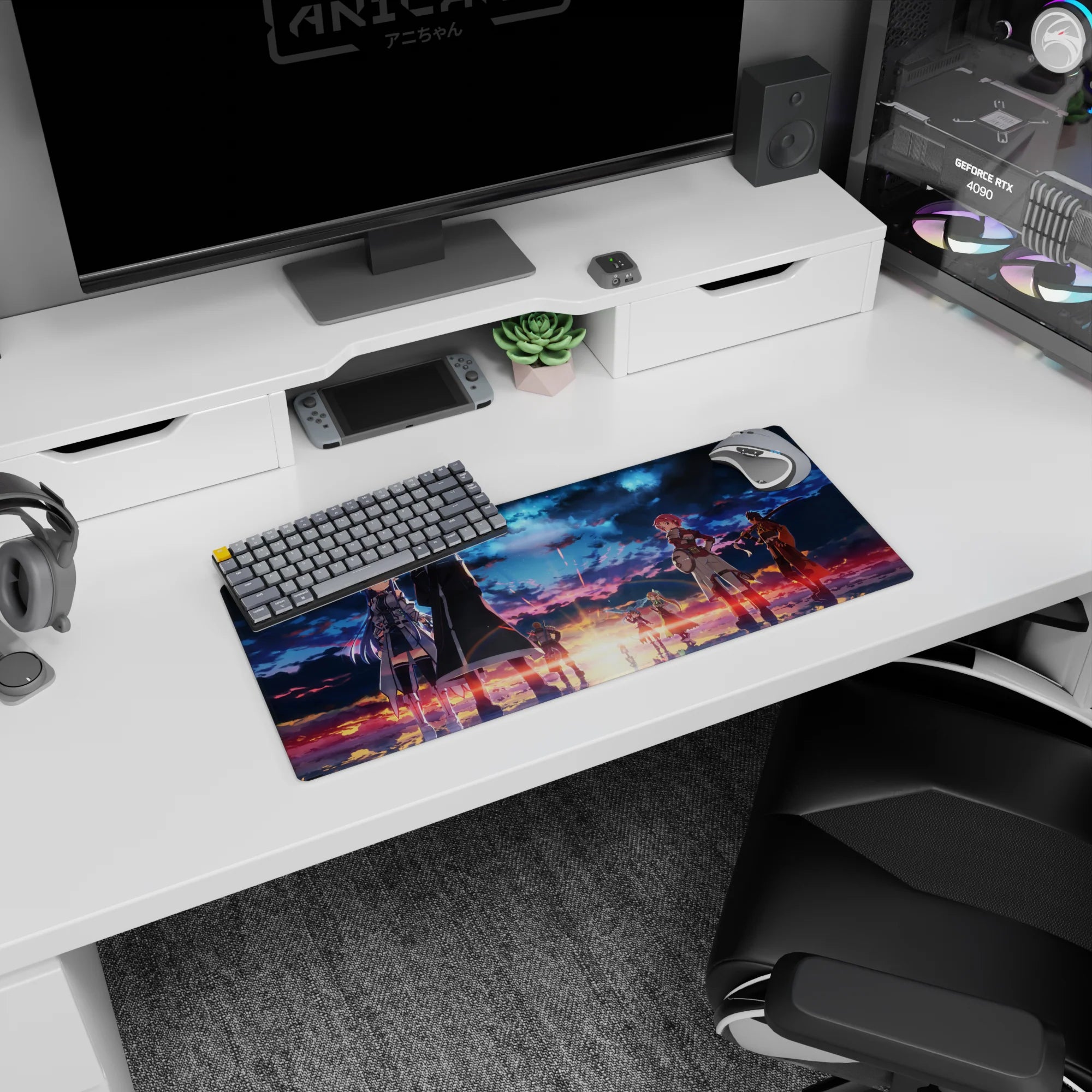 Sword Art Online mouse pad, 28x12 inches, featuring legends against a fiery twilight sky, deep blues, and sunset golds.