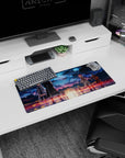 Sword Art Online mouse pad, 28x12 inches, featuring legends against a fiery twilight sky, deep blues, and sunset golds.