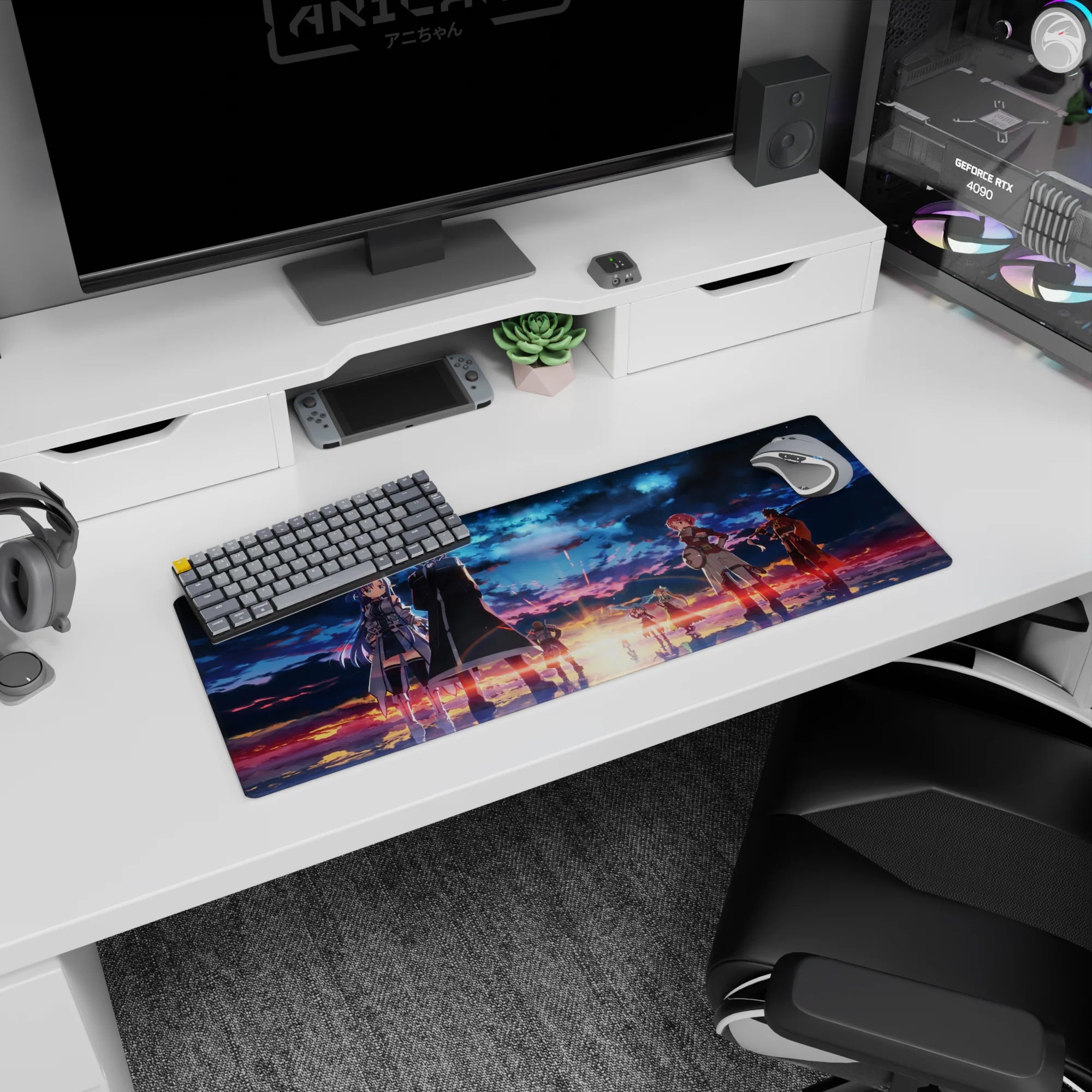 Sword Art Online anime mouse pad, 32x12 inches, featuring legends under fiery sky with deep blues and sunset gold hues.