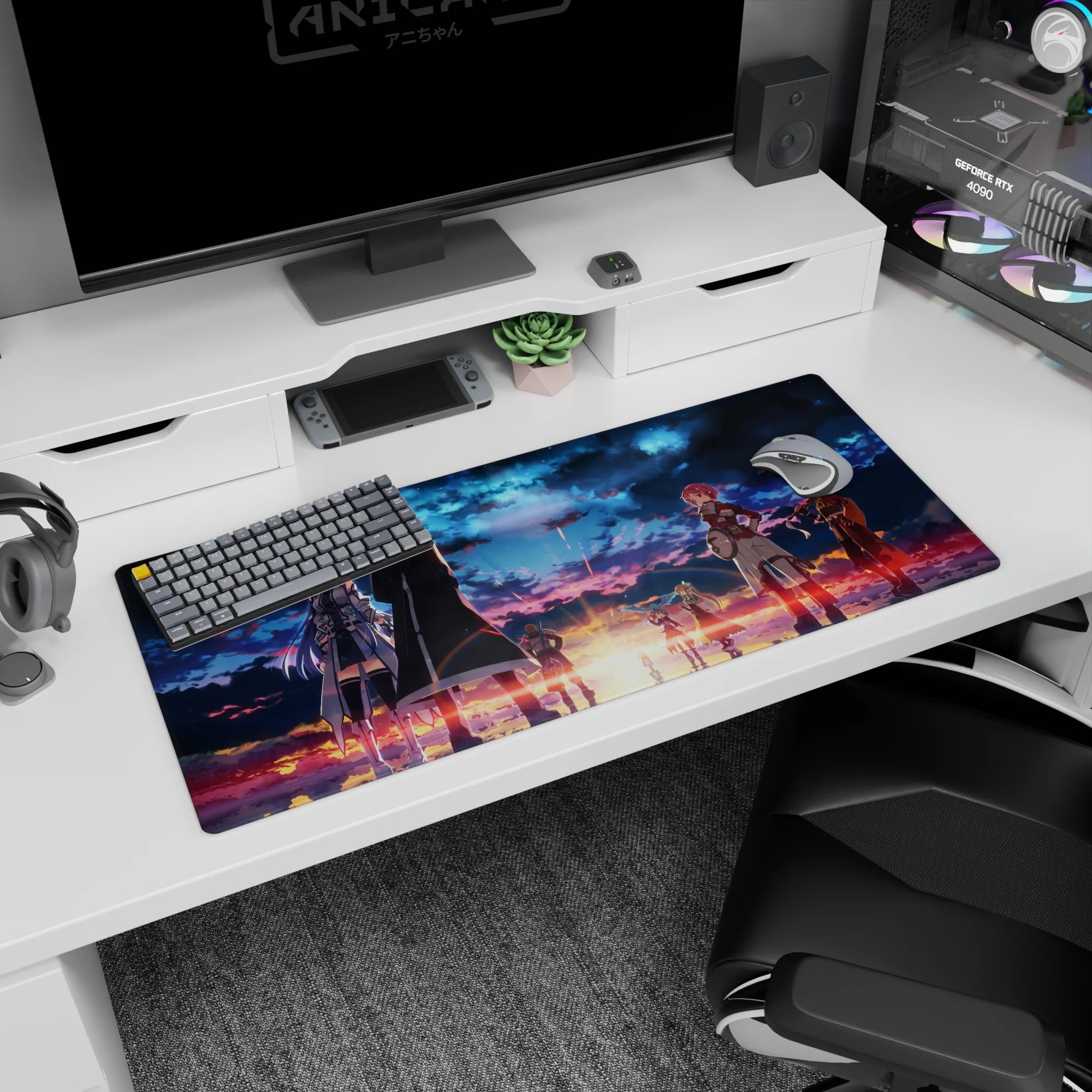 Sword Art Online desk pad, 36x16 inches, featuring legends under a vibrant sky of blues and golds, ready for adventure.