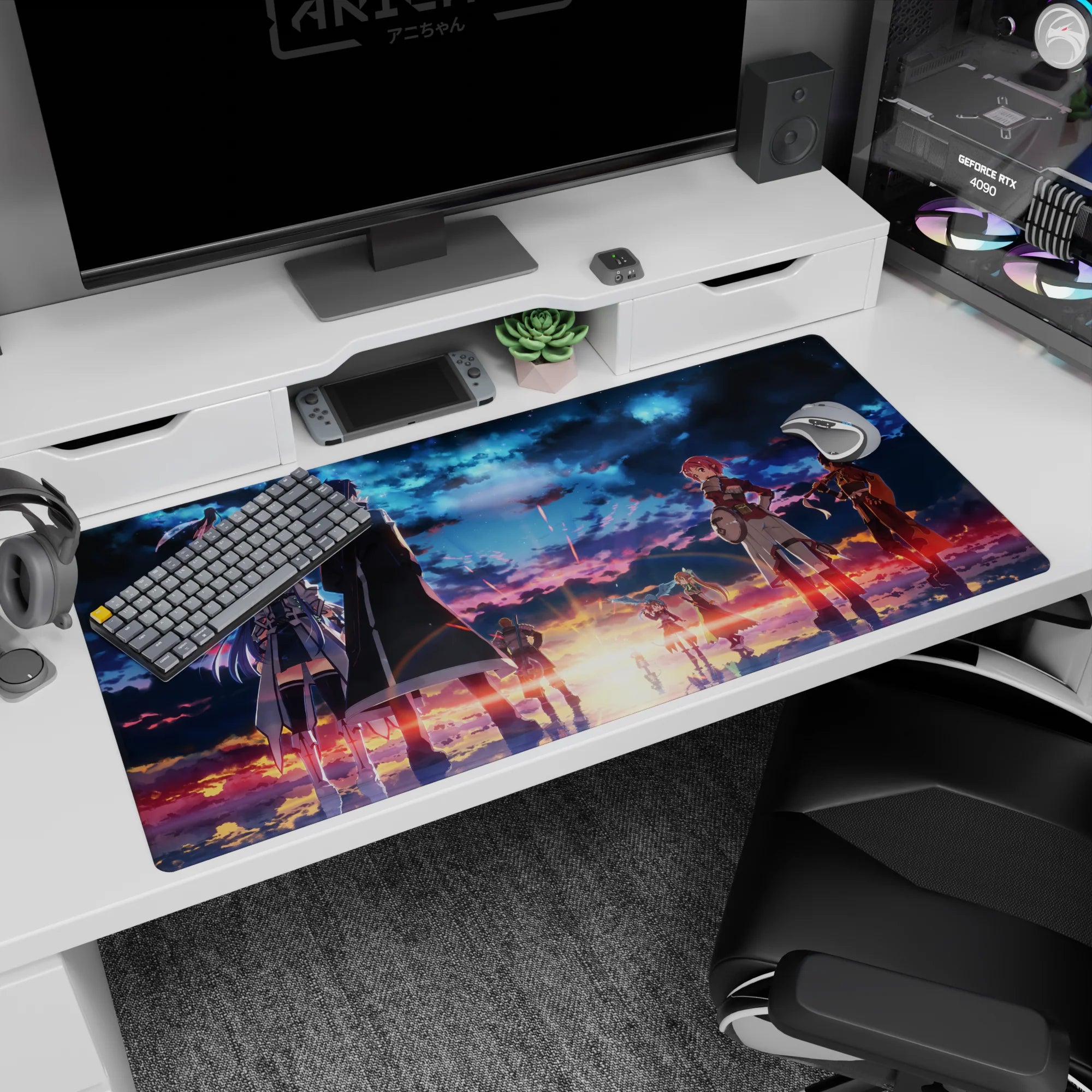Sword Art Online desk pad 40x20 inches featuring iconic characters against a fiery twilight sky, capturing epic emotion.
