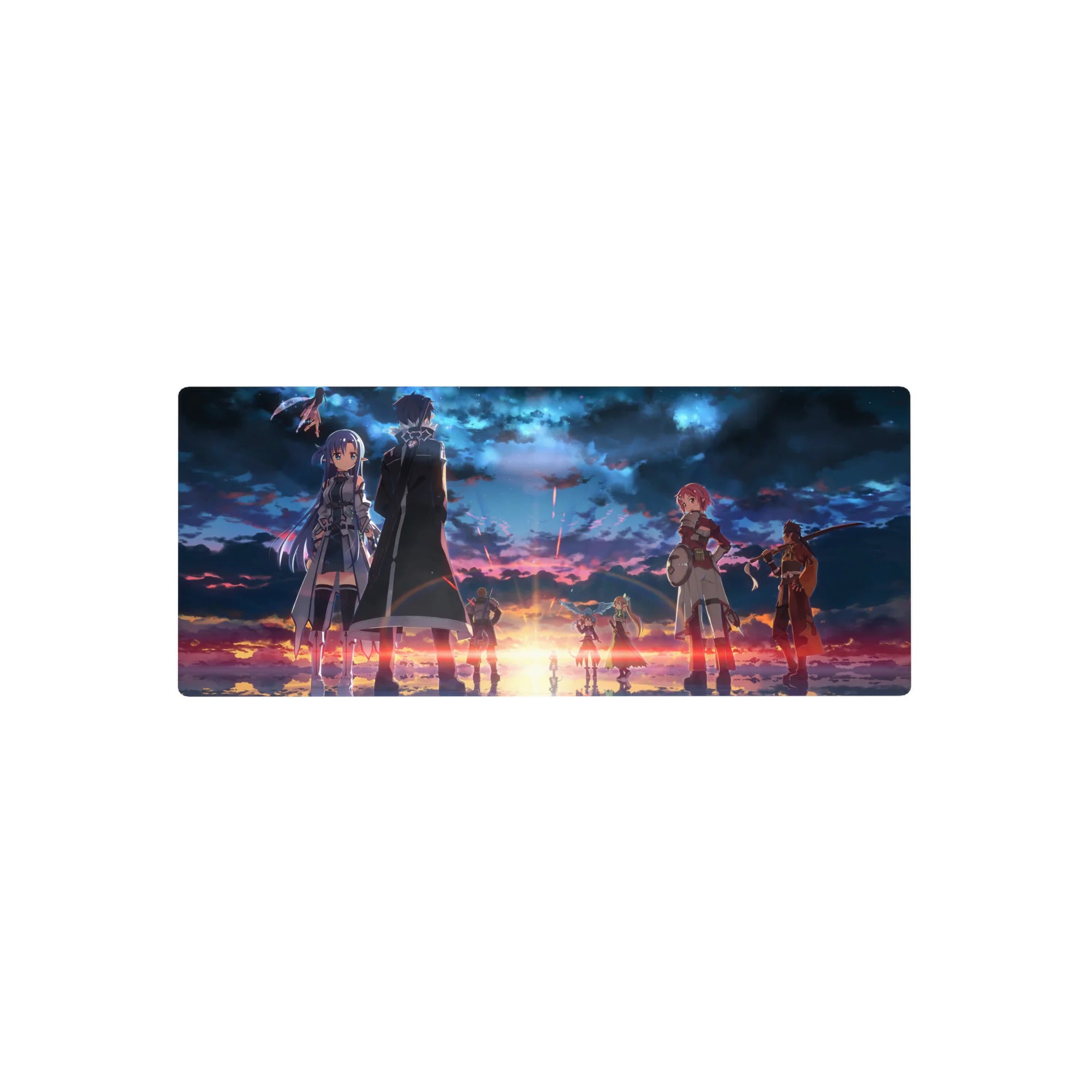 Sword Art Online mouse pad, 28x12 inches, featuring legends against a fiery twilight sky, capturing serene pre-battle moment.