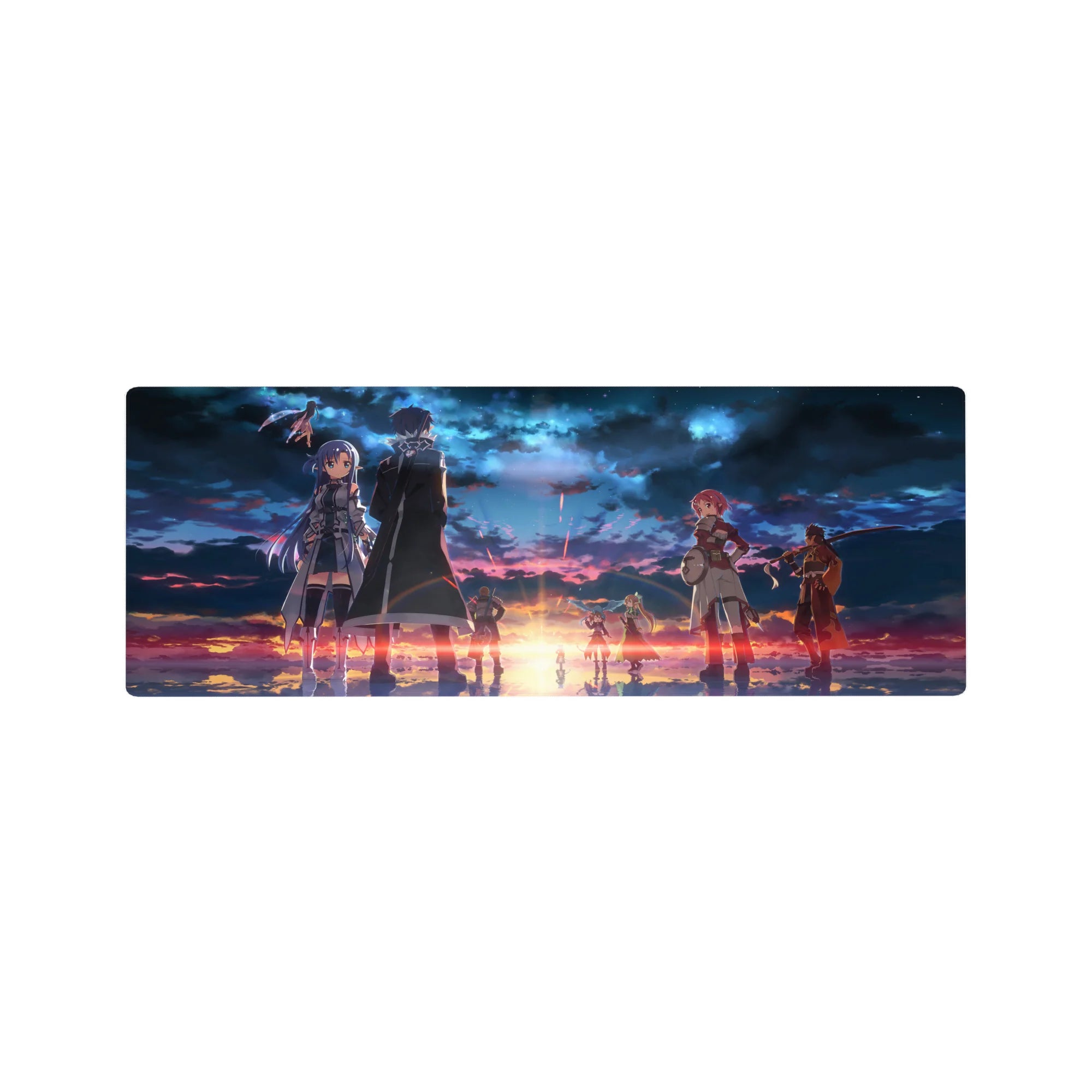 Sword Art Online mouse pad, 32x12 inches, features a fiery twilight sky with legendary crew, deep blues, and sunset golds.