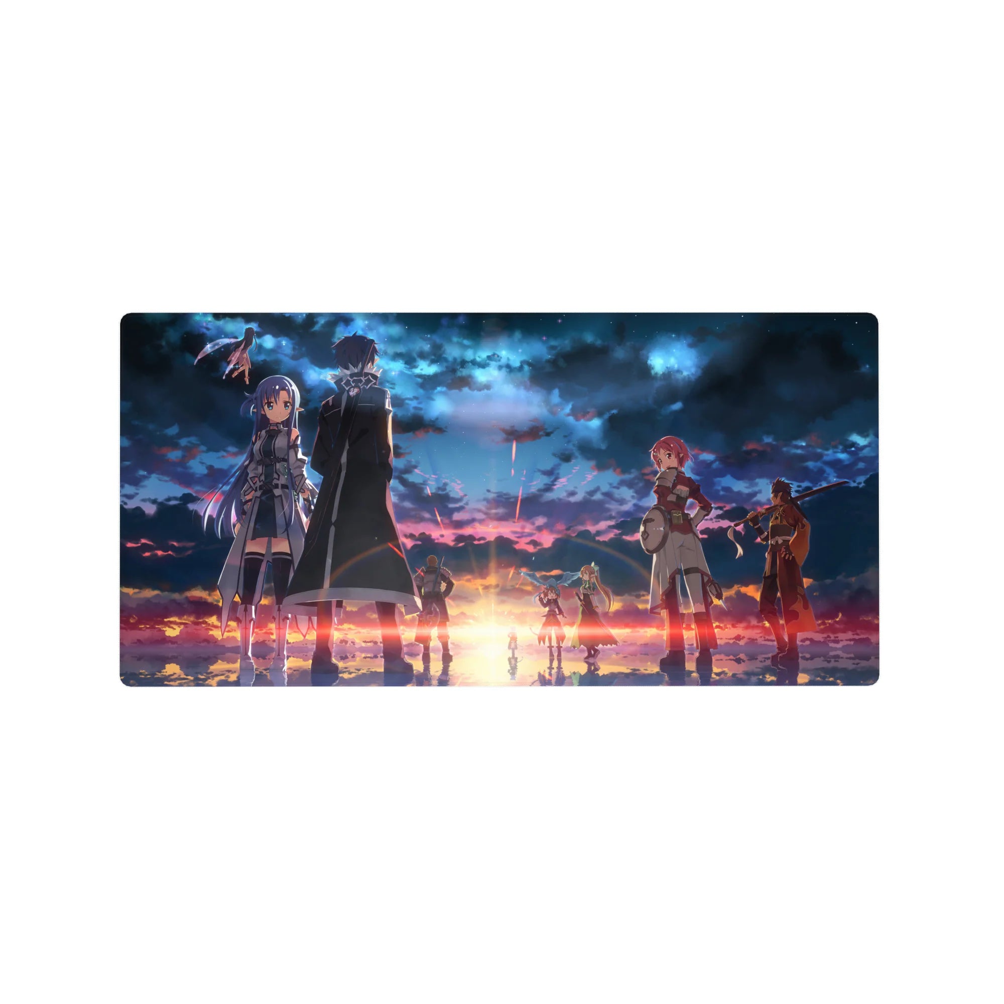 Mouse pad 32x16 inches featuring Sword Art Online characters under a fiery sky with twilight reflections, capturing serene anticipation.