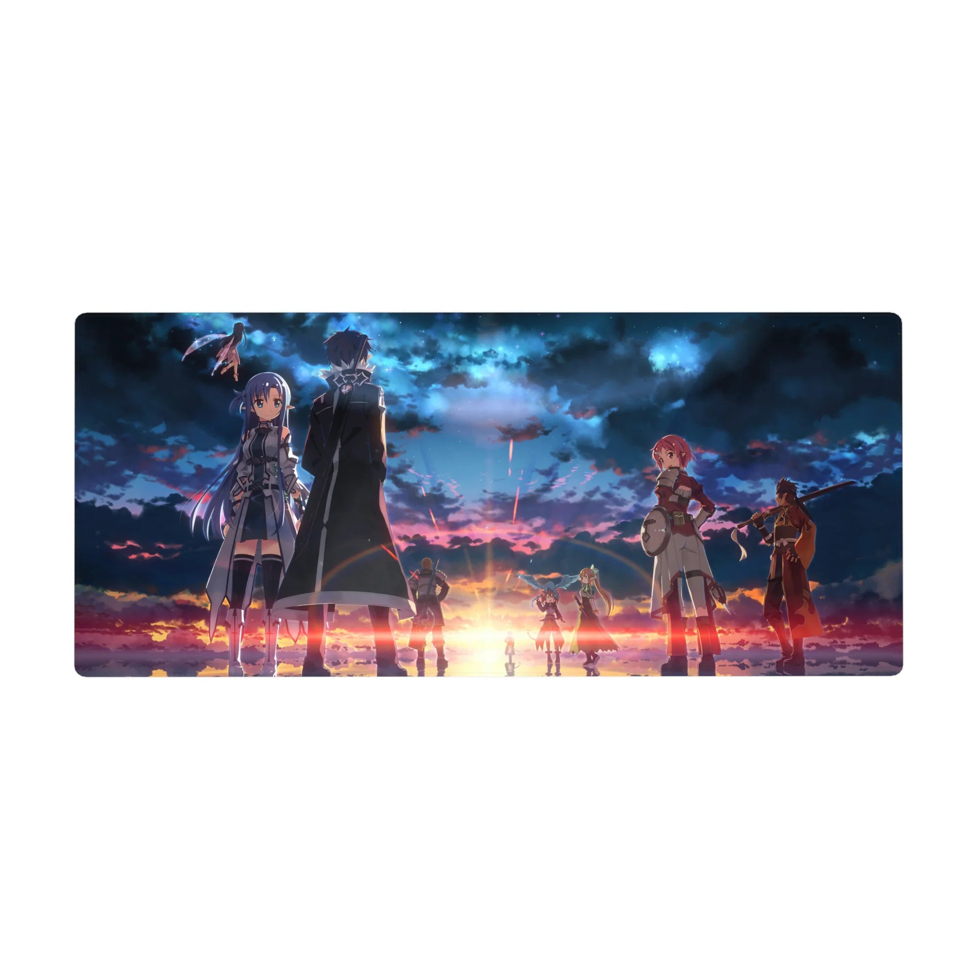 Sword Art Online desk pad 36x16 inches, featuring legends against a fiery twilight sky with deep blues and sunset golds.