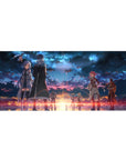 Sword Art Online desk pad 36x16 inches, featuring legends against a fiery twilight sky with deep blues and sunset golds.
