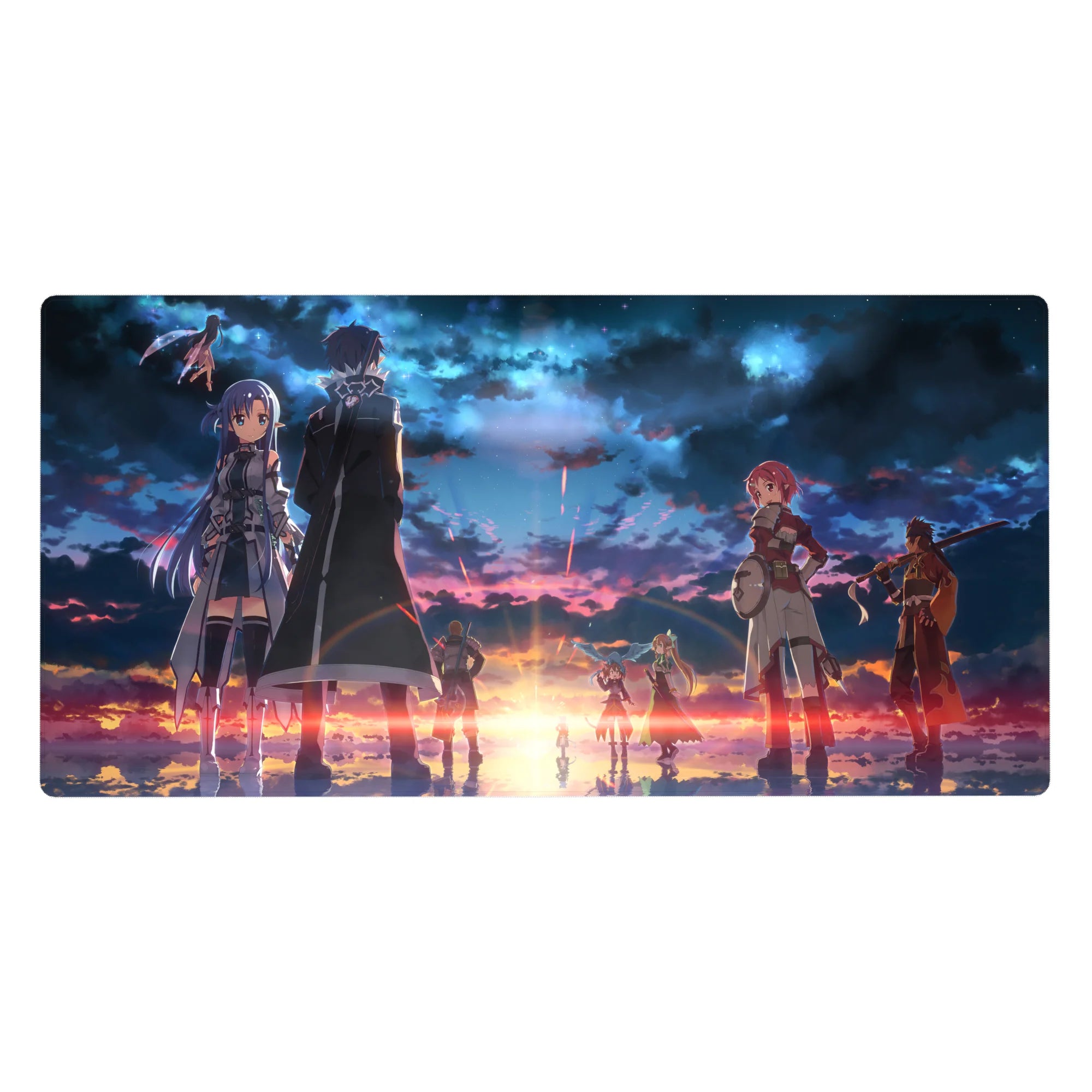 Sword Art Online 40x20 inches anime mouse pad featuring vivid sunset sky and legendary crew, blending blues and golds.