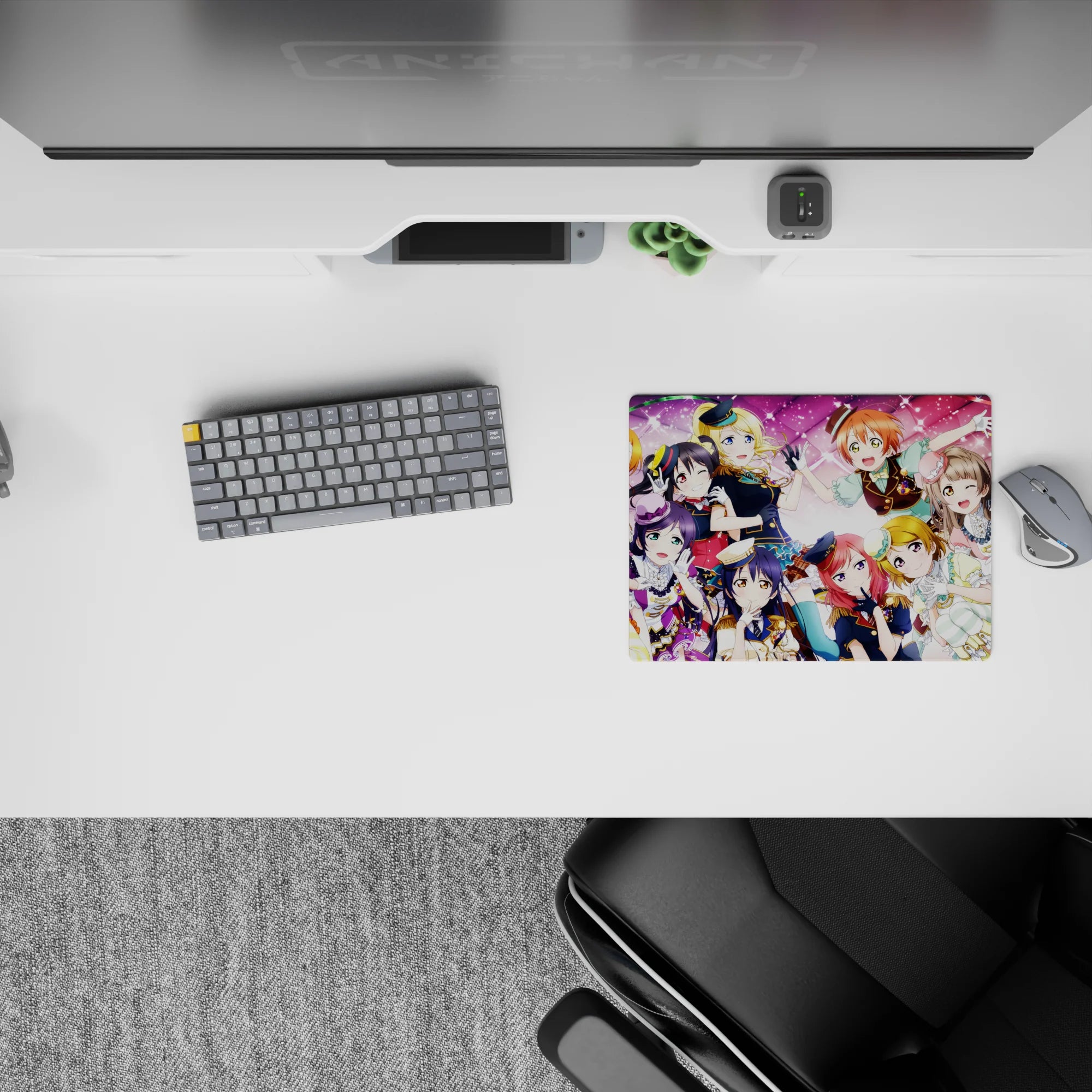 Candy pink concert vibe anime girl mouse pad with confetti ribbons and stage lights, 14x10 inches.
