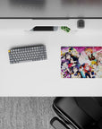 Candy pink concert vibe anime girl mouse pad with confetti ribbons and stage lights, 14x10 inches.