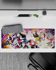 Candy pink concert vibes anime girl mouse pad, 32x12 inches, with confetti ribbons and stage lights.