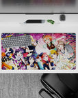 Candy pink anime girl mouse pad 32x16 inches with confetti ribbons, stage lights, and happy vibes.
