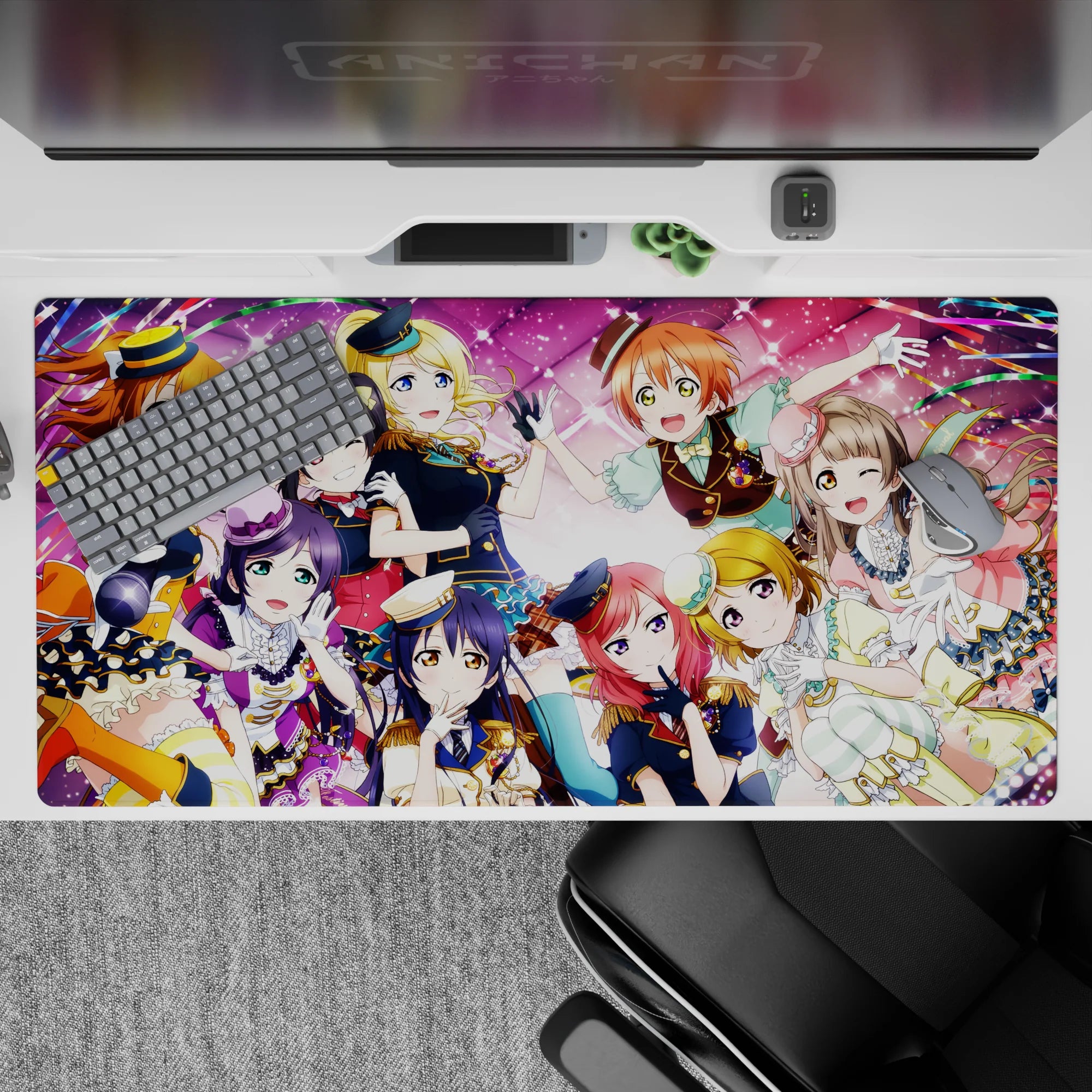 Candy pink anime girl mouse pad with confetti ribbons and stage lights, cheerful vibe, 40x20 inches.